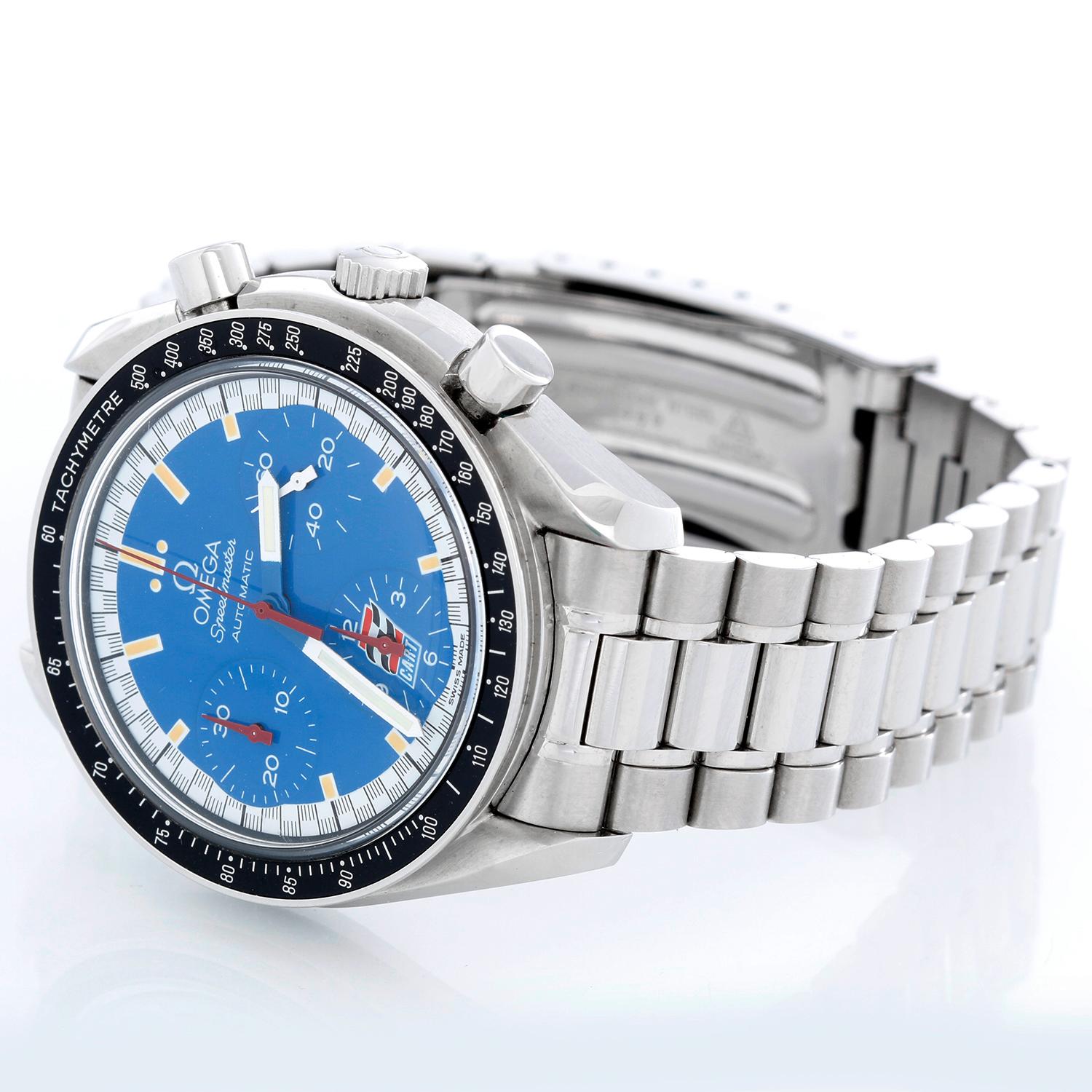 Omega Speedmaster Date Chronometer Automatic Schumacher Men's Watch 3510.80.00 - Automatic winding; chronograph, with date. Stainless steel case and tachymeter bezel with black insert (40mm diameter). Blue Cart racing dial with hour, minute and