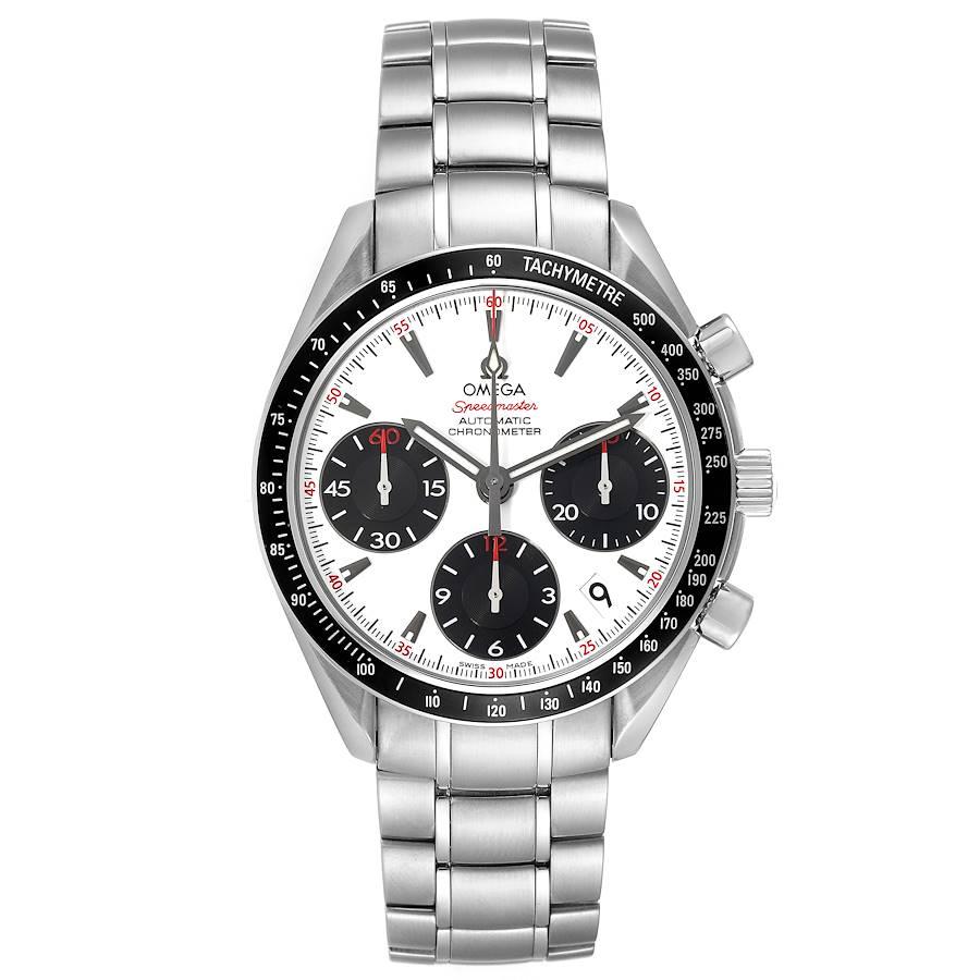 Omega Speedmaster Date Panda Dial Steel Mens Watch 323.30.40.40.04.001 Box Card. COSC-certified Omega automatic chronograph movement. Caliber 3304. Stainless steel round case 40.0 mm in diameter with polished bevelled edges, pushers and crown. Black