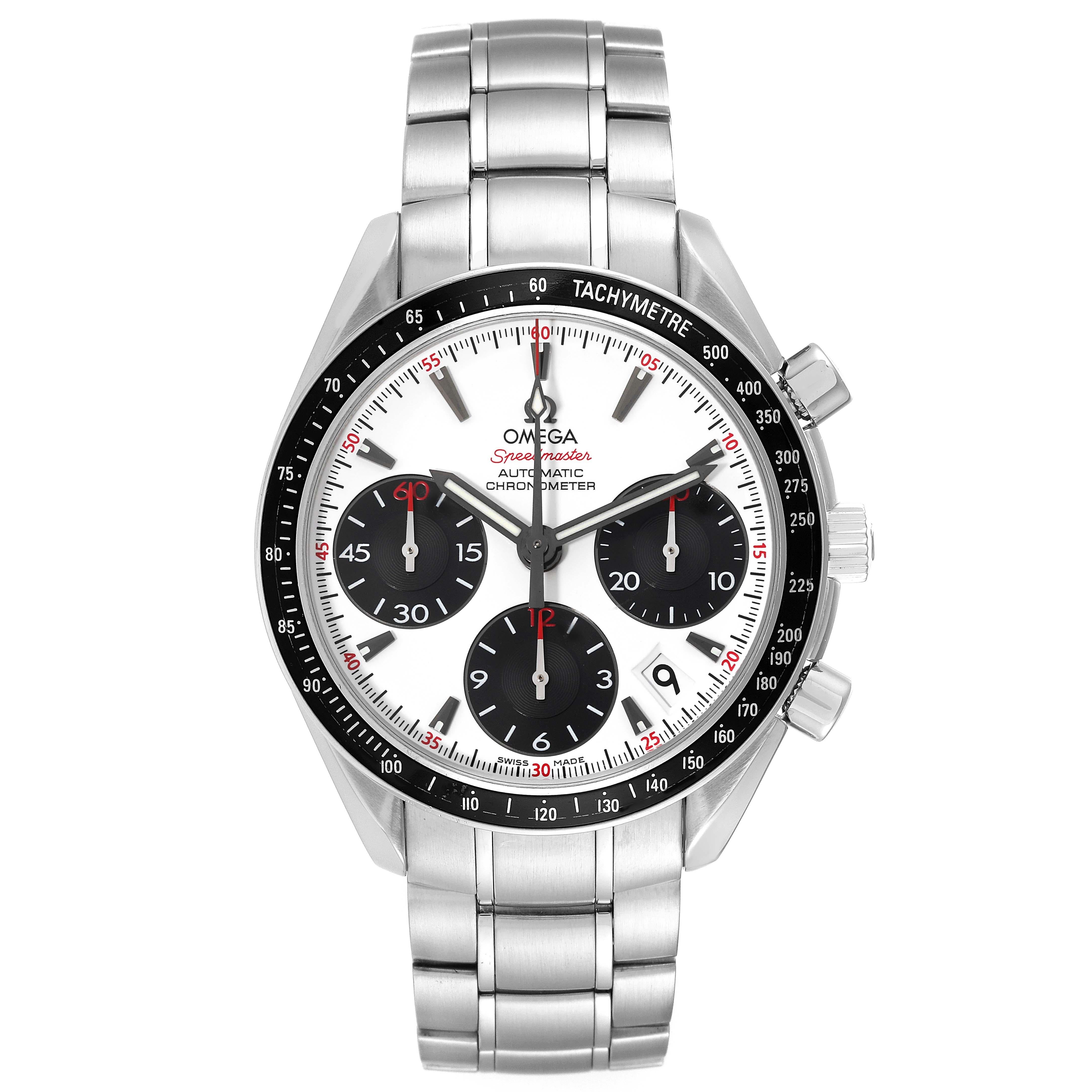 Omega Speedmaster Date Panda Dial Steel Mens Watch 323.30.40.40.04.001 Card. COSC-certified Omega automatic chronograph movement. Caliber 3304. Stainless steel round case 40.0 mm in diameter with polished bevelled edges, pushers and crown. Black