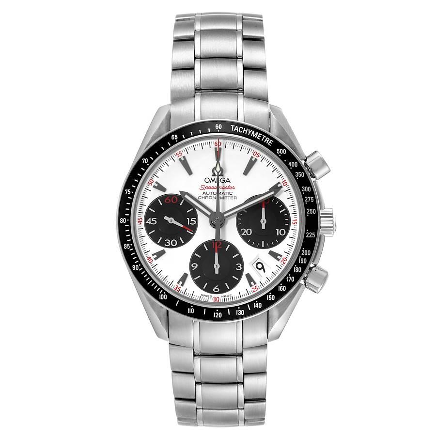 Omega Speedmaster Date Panda Dial Steel Mens Watch 323.30.40.40.04.001. COSC-certified Omega automatic chronograph movement. Caliber 3304. Stainless steel round case 40.0 mm in diameter with polished bevelled edges, pushers and crown. Black aluminum