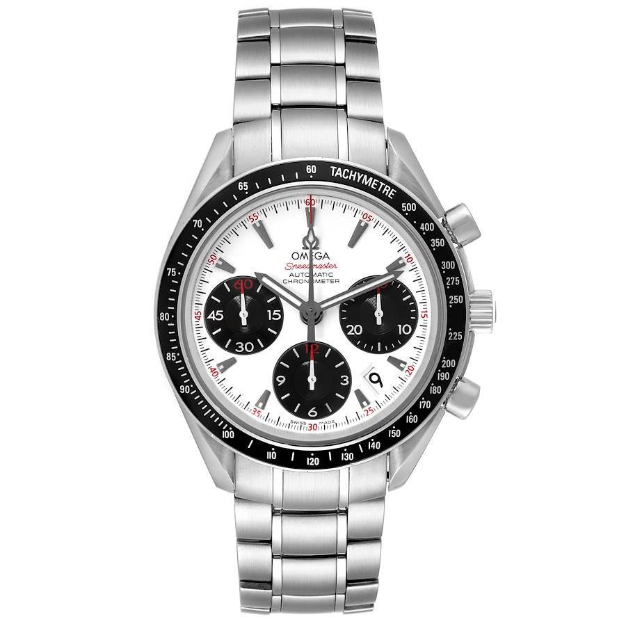 Omega Speedmaster Date Panda Dial Steel Watch 323.30.40.40.04.001 Box Card. COSC-certified Omega automatic chronograph movement. Caliber 3304. Stainless steel round case 40.0 mm in diameter with polished bevelled edges, pushers and crown. Black