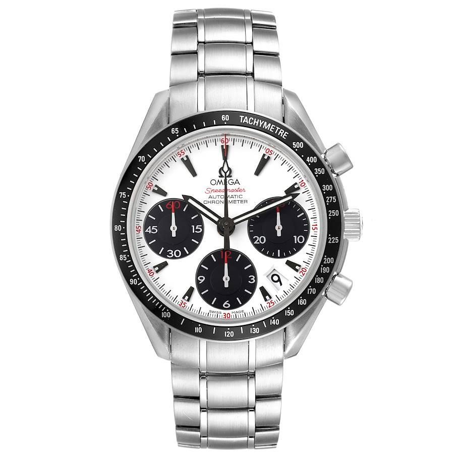 Omega Speedmaster Date Panda Dial Steel Watch 323.30.40.40.04.001 Box Card. COSC-certified Omega automatic chronograph movement. Caliber 3304. Stainless steel round case 40.0 mm in diameter with polished beveled edges, pushers and crown. Black matte