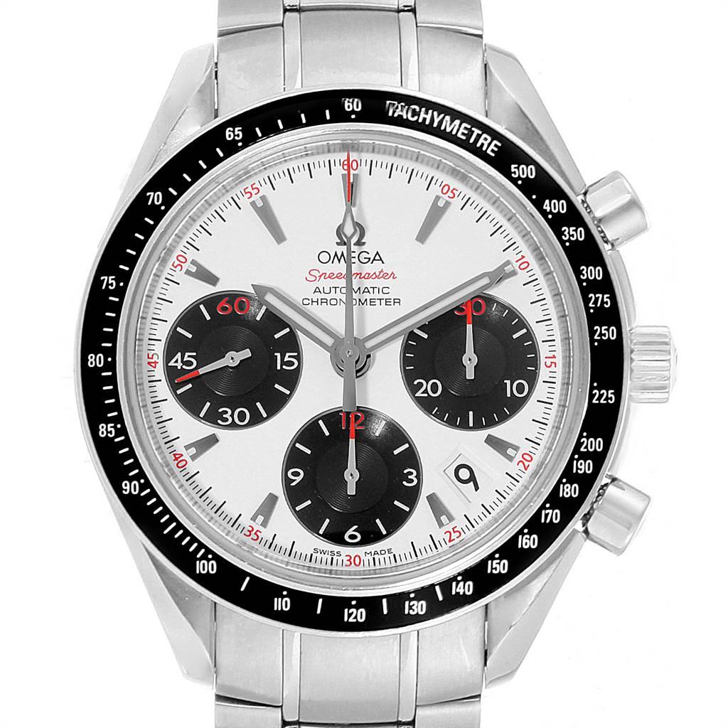 Omega Speedmaster Date Panda Dial Watch 323.30.40.40.04.001 Box Card. COSC-certified Omega automatic chronograph movement. Caliber 3304. Stainless steel round case 40.0 mm in diameter with polished bevelled edges, pushers and crown. Black matte