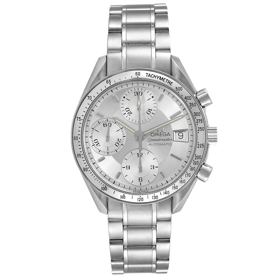 Omega Speedmaster Date Silver Dial Automatic Mens Watch 3513.30.00 Card. Automatic self-winding chronograph movement. Stainless steel round case 39 mm in diameter. Polished stainless steel bezel with tachymeter function. Scratch-resistant sapphire
