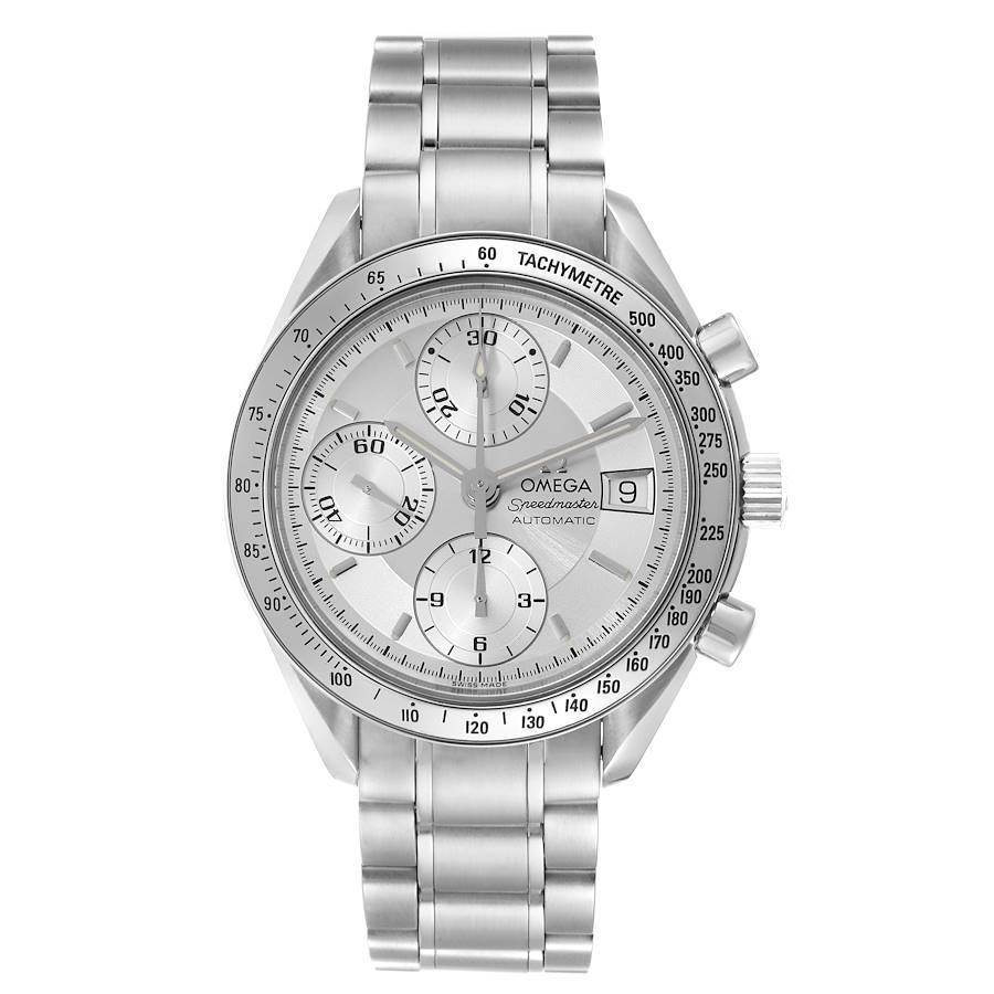 Omega Speedmaster Date Silver Dial Automatic Mens Watch 3513.30.00. Automatic self-winding chronograph movement. Stainless steel round case 39 mm in diameter. Polished stainless steel bezel with tachymeter function. Scratch-resistant sapphire