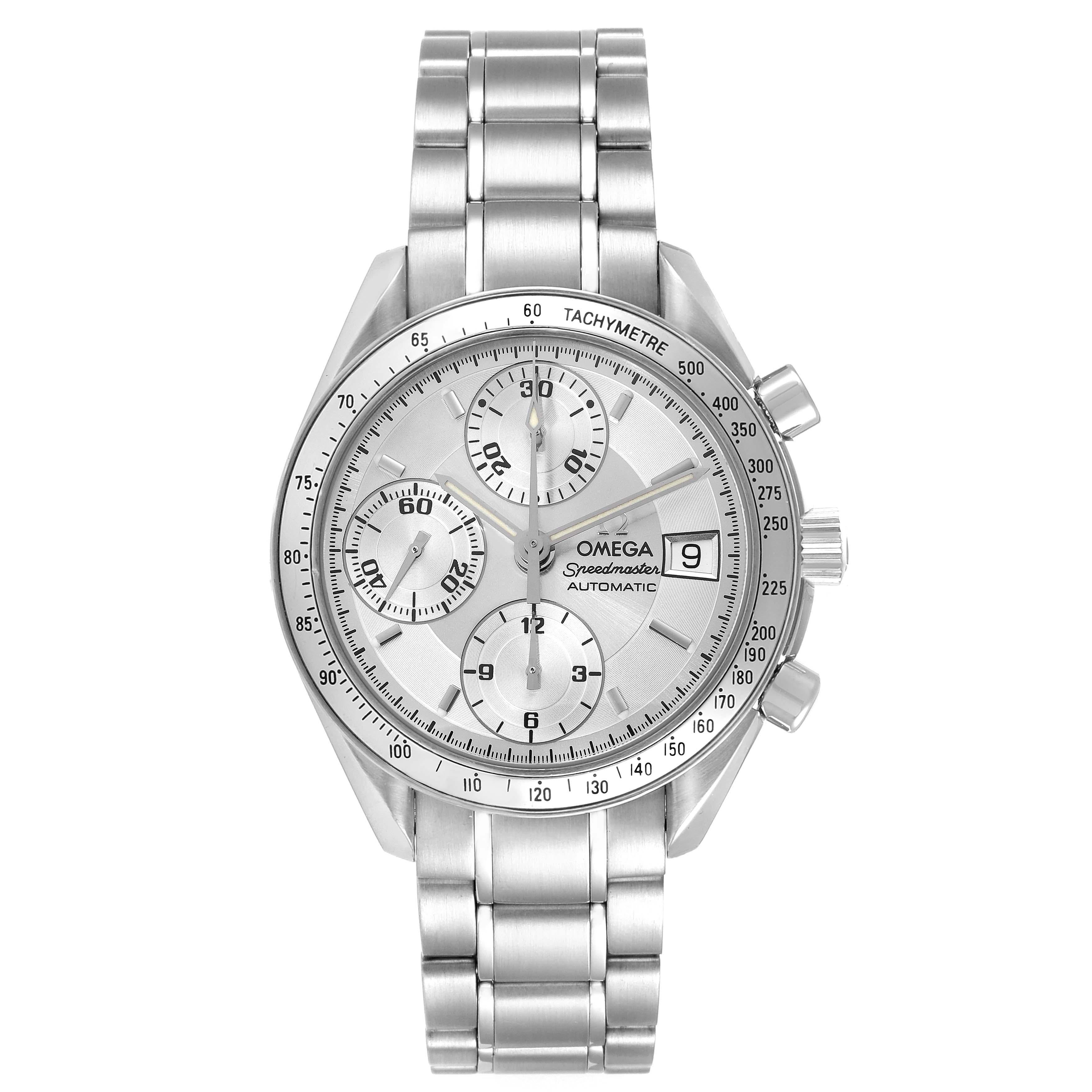 Omega Speedmaster Date Silver Dial Automatic Steel Mens Watch 3513.30.00 Card. Automatic self-winding chronograph movement. Stainless steel round case 39 mm in diameter. Polished stainless steel bezel with tachymeter function. Scratch-resistant