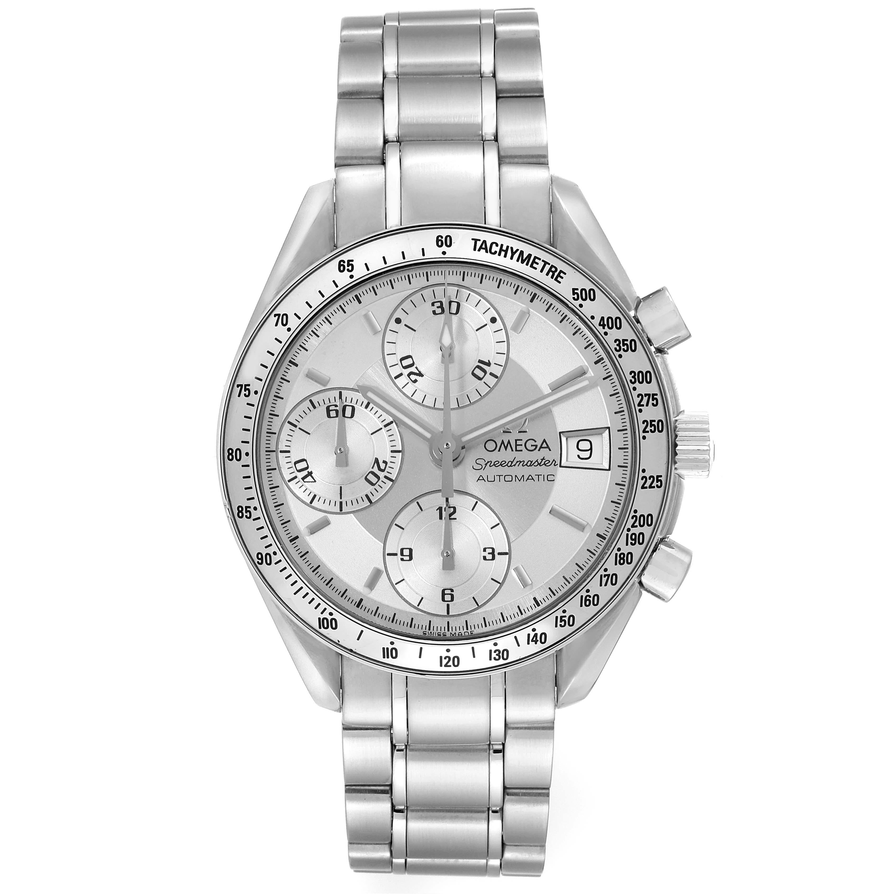 Omega Speedmaster Date Silver Dial Automatic Steel Mens Watch 3513.30.00 Card. Automatic self-winding chronograph movement. Stainless steel round case 39 mm in diameter. Polished stainless steel bezel with tachymeter function. Scratch-resistant