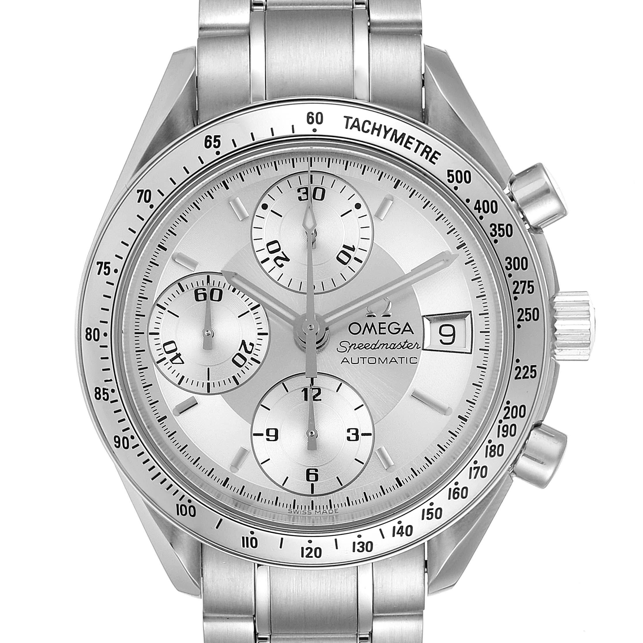 Omega Speedmaster Date Silver Dial Automatic Steel Mens Watch 3513.30.00. Automatic self-winding chronograph movement. Stainless steel round case 39 mm in diameter. Stainless steel bezel with tachymetre function. Scratch-resistant sapphire crystal