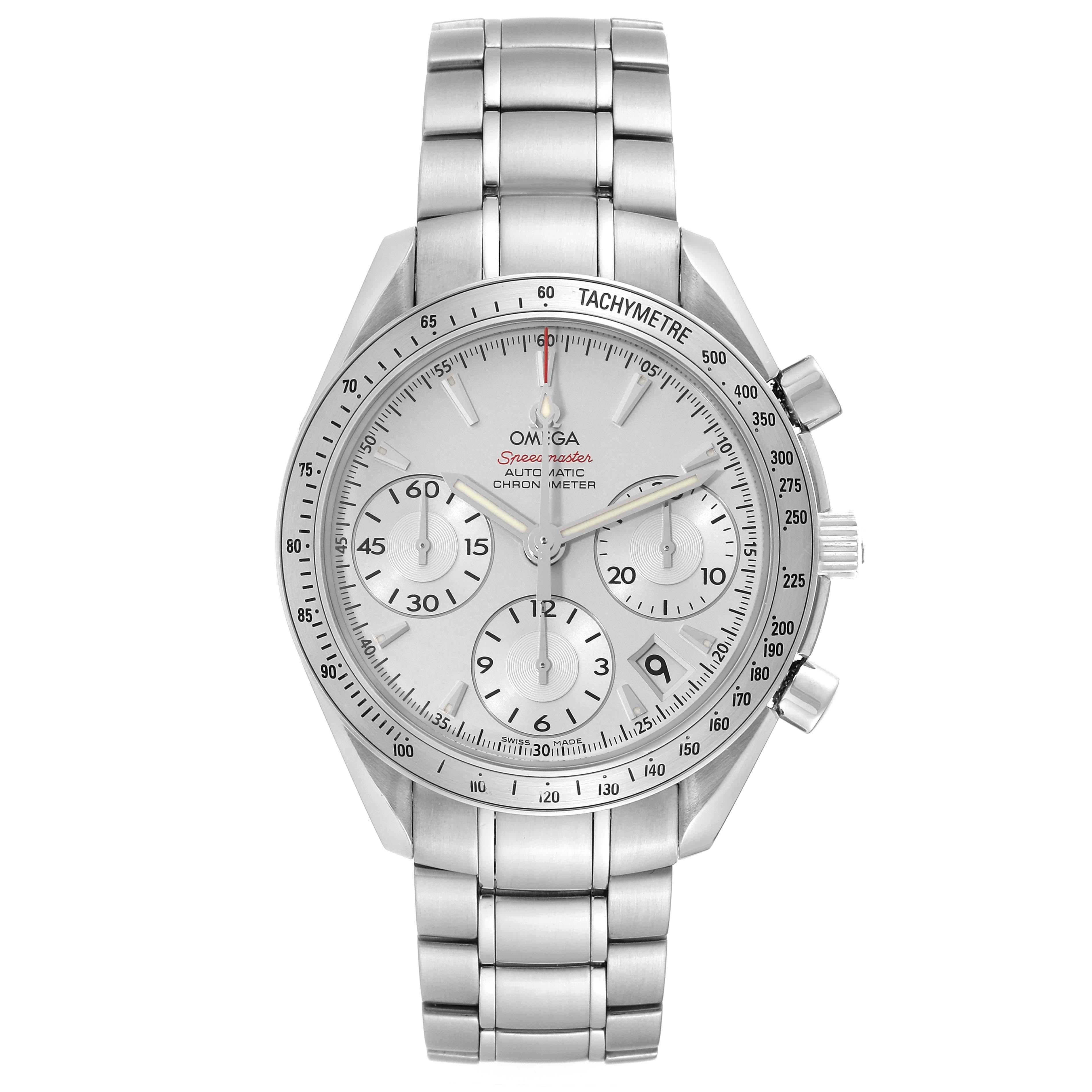 Omega Speedmaster Date Silver Dial Steel Mens Watch 323.10.40.40.02.001 Box Card. Automatic self-winding chronograph movement. Officially certified chronometer. Stainless steel round case 40.0 mm in diameter. Stainless steel bezel with tachymeter