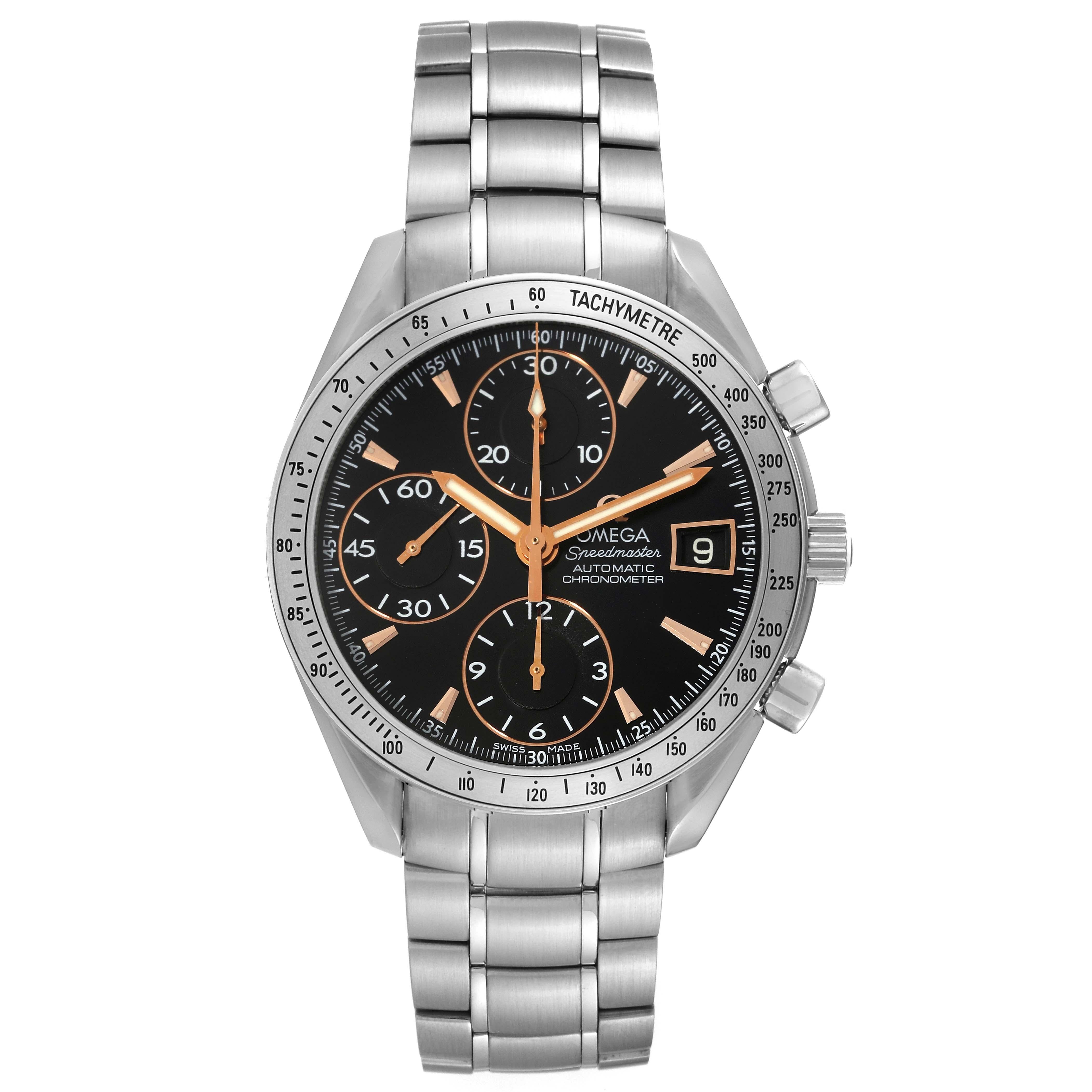 Omega Speedmaster Date Special Edition Steel Mens Watch 3211.50.00. Automatic self-winding chronograph movement. Stainless steel round case 39 mm in diameter. Stainless steel bezel with tachymetric scale. Scratch-resistant sapphire crystal with