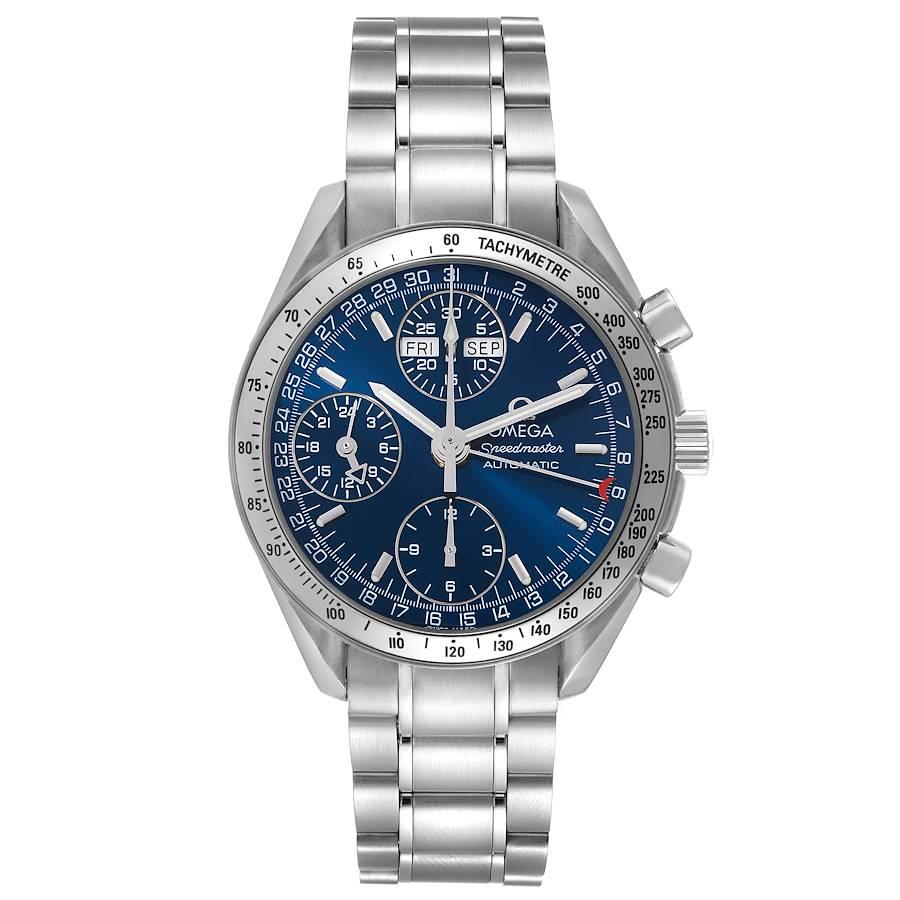 Omega Speedmaster Day-Date 39 Blue Dial Steel Mens Watch 3523.80.00 Box Card. Automatic self-winding chronograph movement. Day, date and month indications. Stainless steel round case 39.0 mm in diameter. Polished stainless steel bezel with engraved