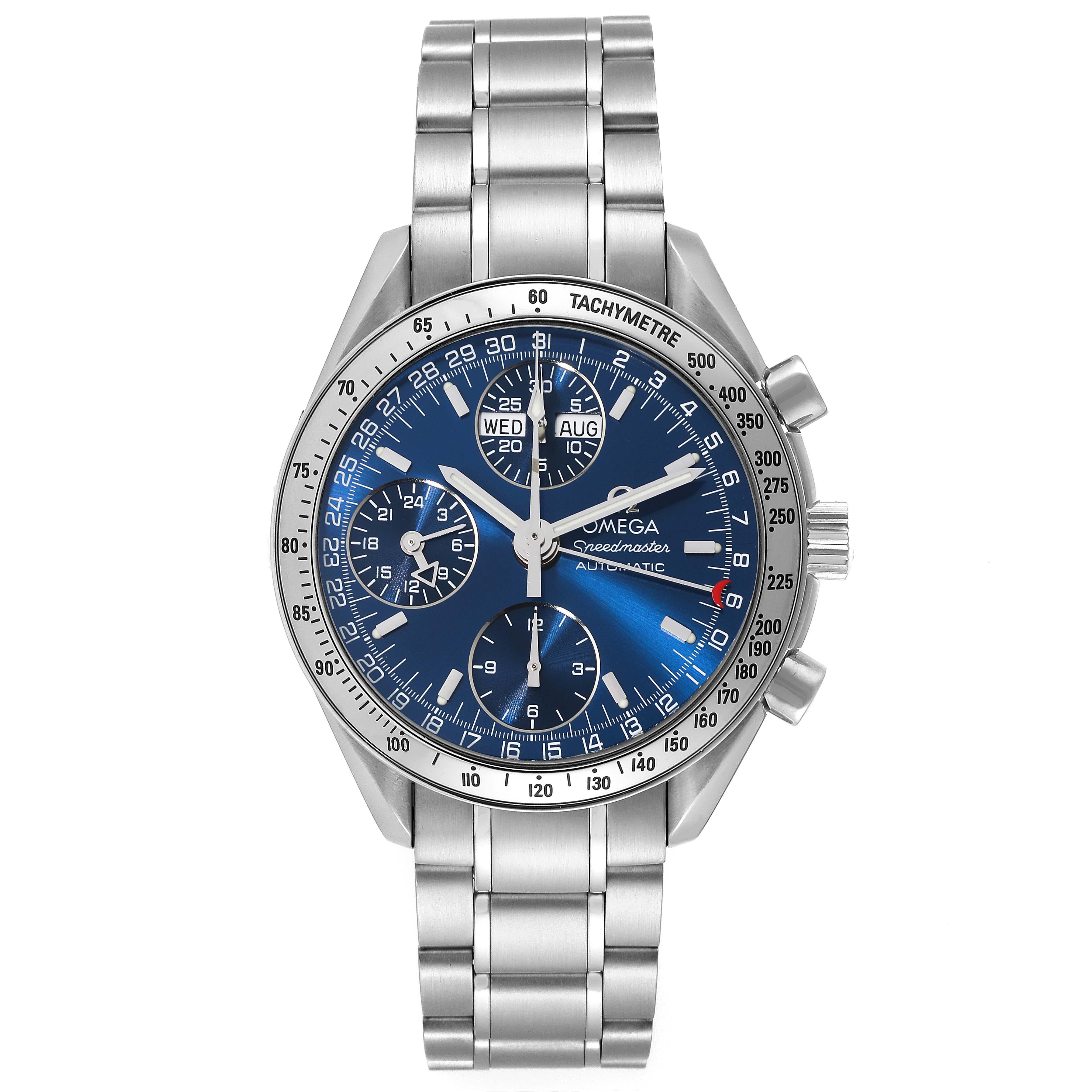 Omega Speedmaster Day-Date 39 Blue Dial Steel Mens Watch 3523.80.00 Box Card. Automatic self-winding chronograph movement. Day, date, and month indications. Stainless steel round case 39.0 mm in diameter. Polished stainless steel bezel with engraved