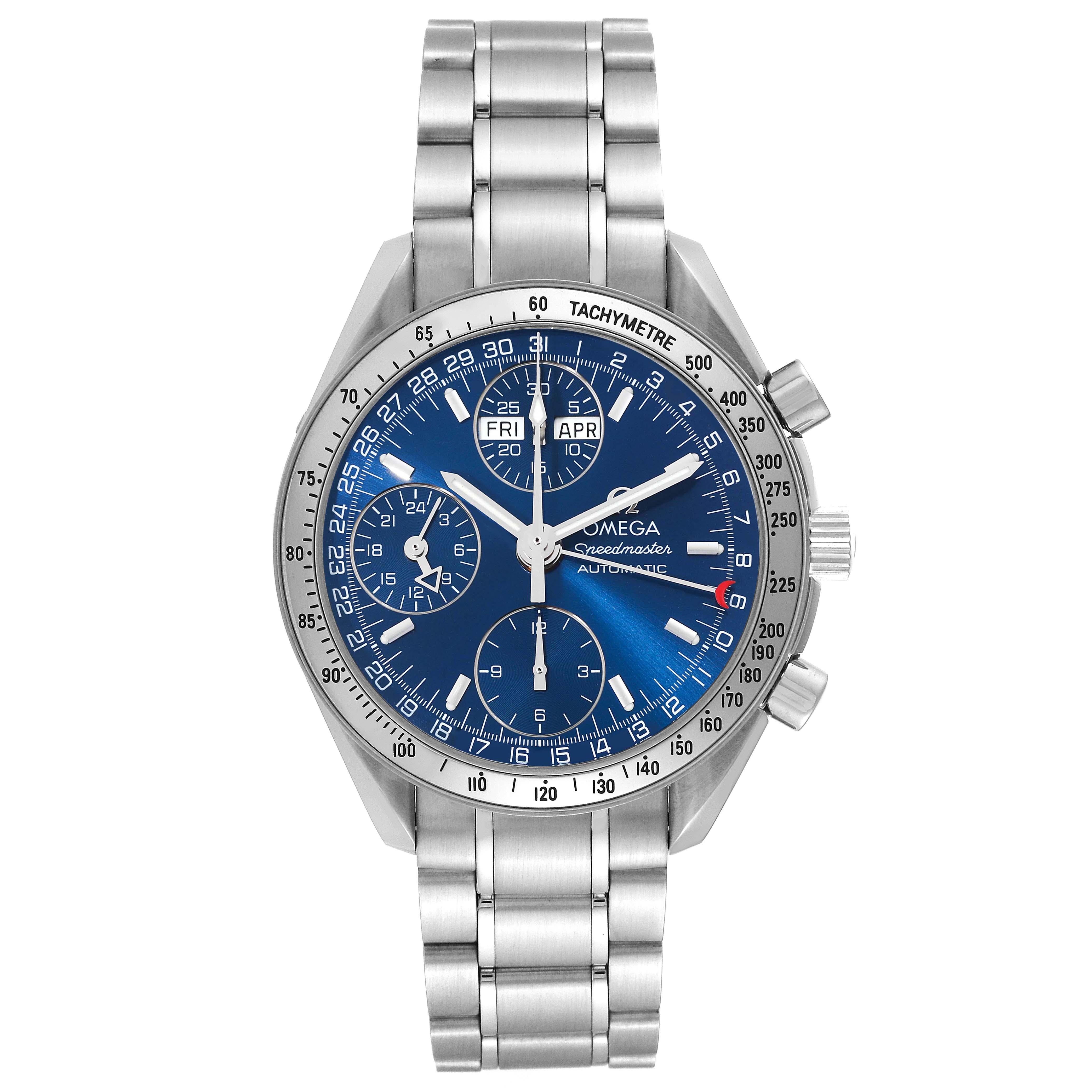 Omega Speedmaster Day-Date 39 Blue Dial Steel Mens Watch 3523.80.00 Box Card. Automatic self-winding chronograph movement. Day, date, and month indications. Stainless steel round case 39.0 mm in diameter. Polished stainless steel bezel with engraved