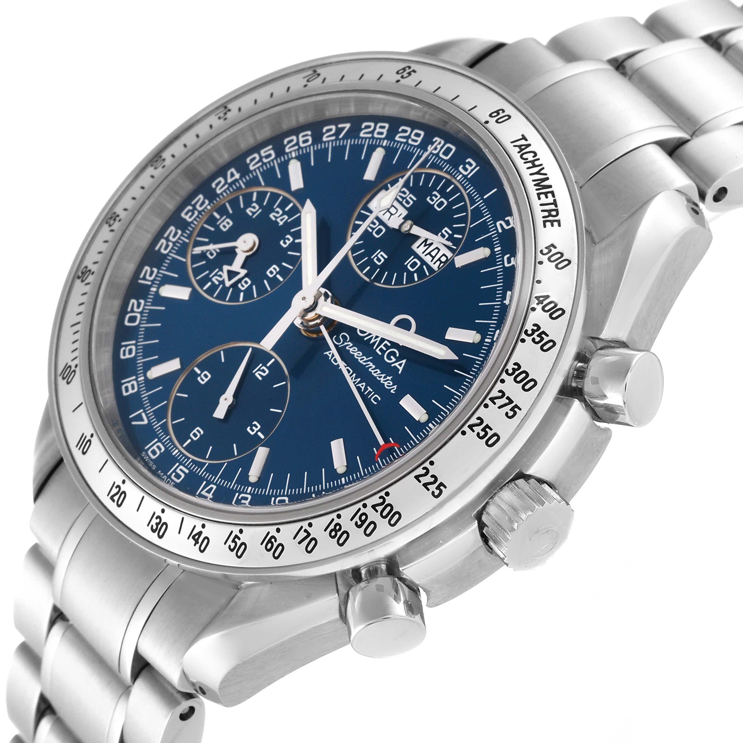 Men's Omega Speedmaster Day-Date 39 Blue Dial Steel Mens Watch 3523.80.00 Box Card For Sale