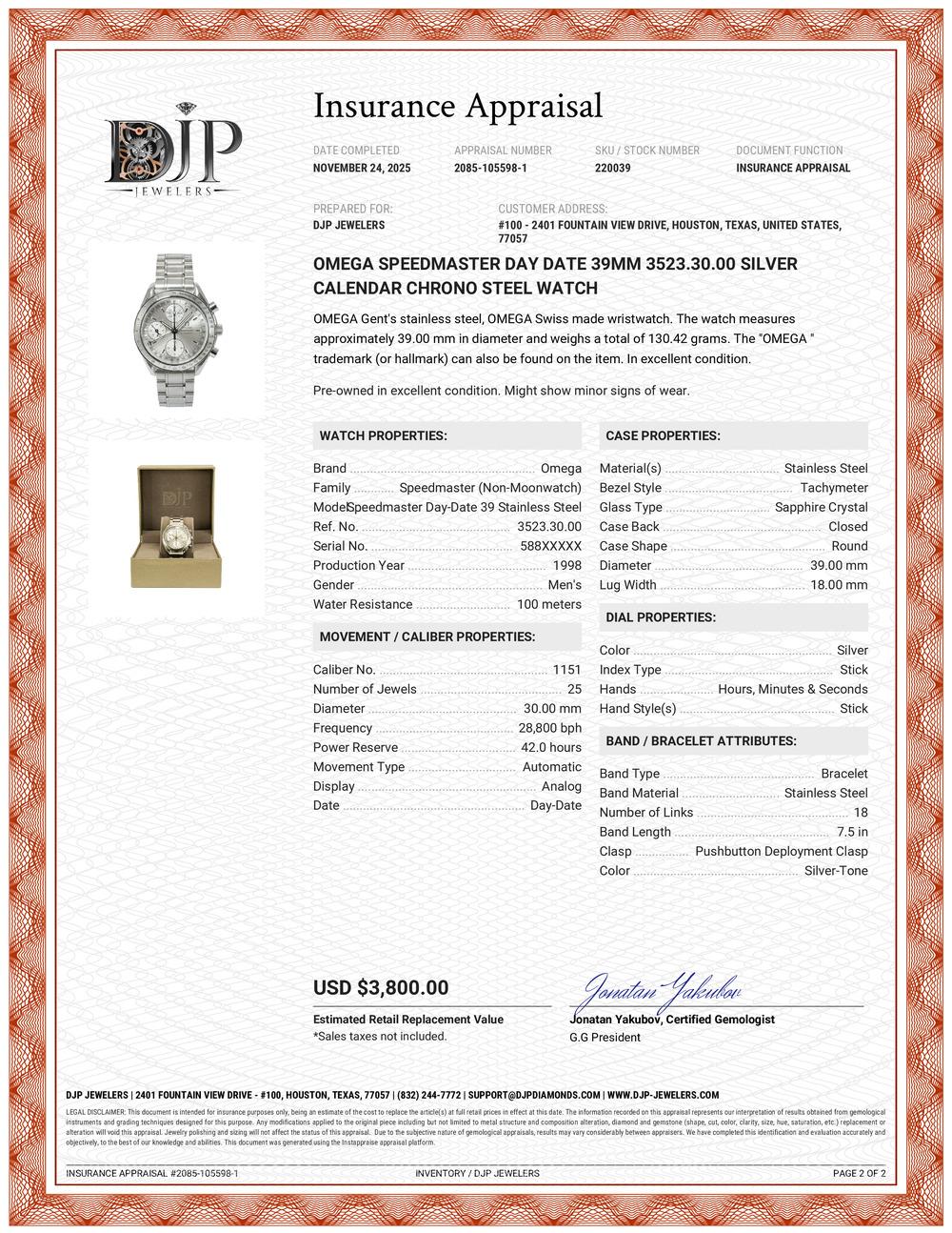 Orologio Omega Speedmaster Day Date 39MM 3523.30.00 Silver Calendar Chrono Steele 7