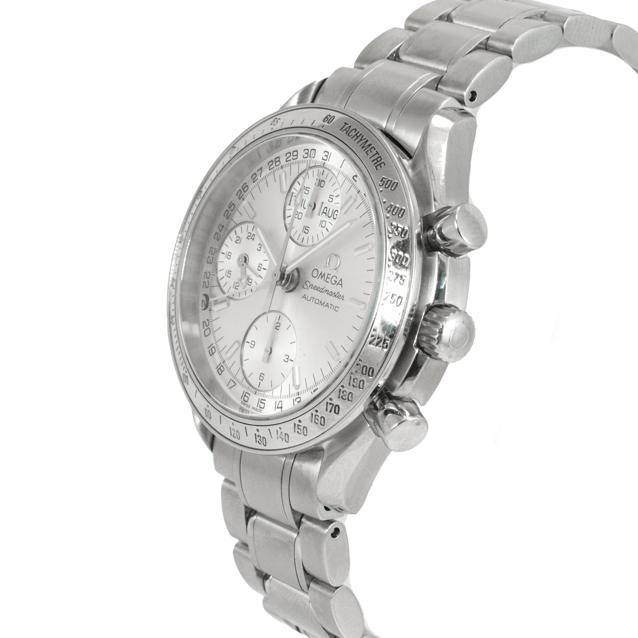 Uomo Orologio Omega Speedmaster Day Date 39MM 3523.30.00 Silver Calendar Chrono Steele