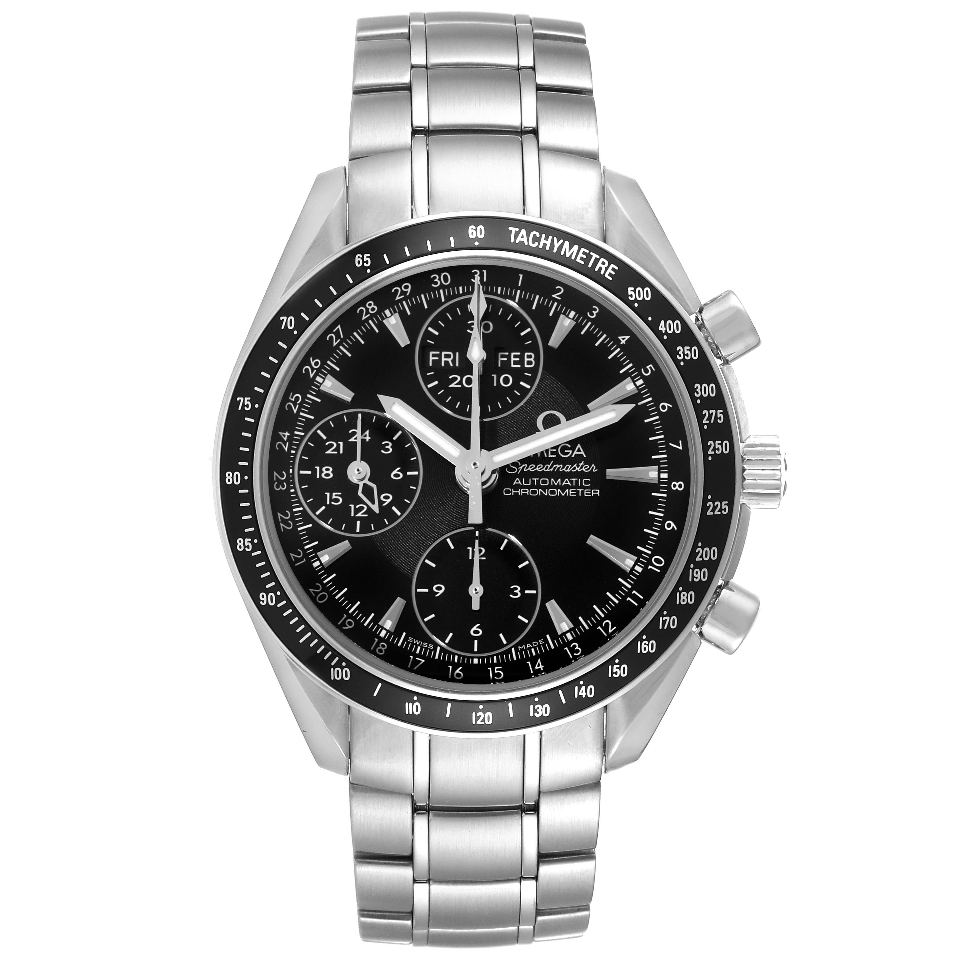 Omega Speedmaster Day-Date 40 Steel Chronograph Mens Watch 3220.50.00 Card. Automatic self-winding chronograph movement. Stainless steel round case 40 mm in diameter. Stainless steel bezel with black tachymeter insert. Anti-reflective scratch