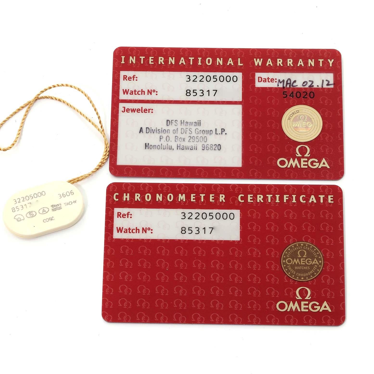 Omega Speedmaster Day-Date 40 Steel Chronograph Mens Watch 3220.50.00 Card en vente 5