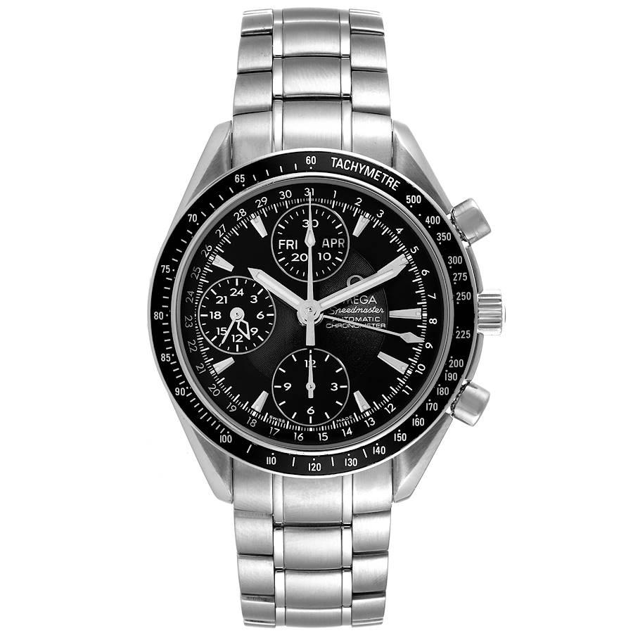 Omega Speedmaster Day-Date 40 Steel Chronograph Mens Watch 3220.50.00. Automatic self-winding chronograph movement. Stainless steel round case 40 mm in diameter. Stainless steel bezel with black tachymeter insert. Anti-reflective scratch resistant