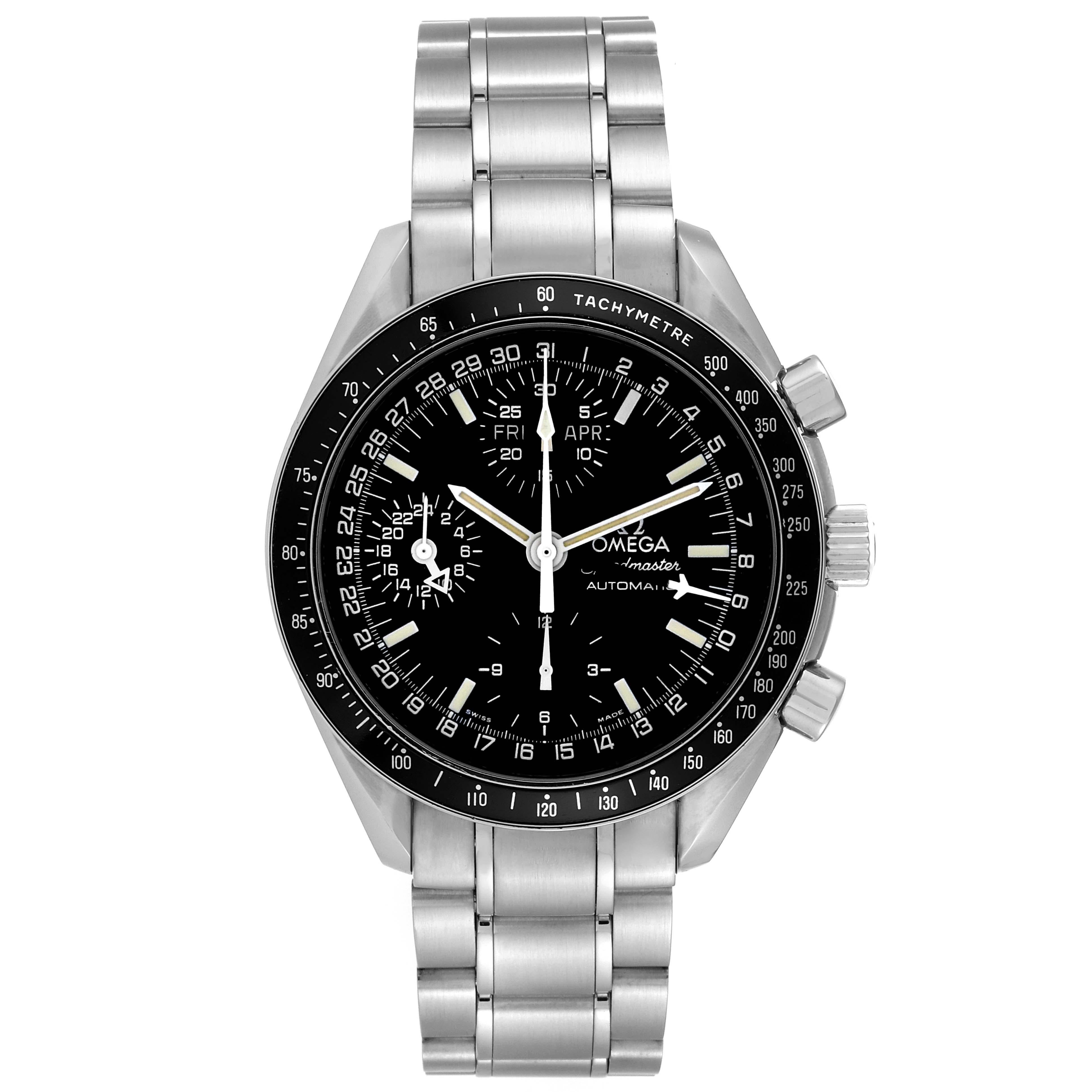 Omega Speedmaster Day Date Black Dial Automatic Mens Watch 3520.50.00 Box Card. Automatic self-winding movement. Stainless steel round case 39.0 mm in diameter. Stainless steel bezel with black tachymeter insert. Anti-reflective scratch resistant