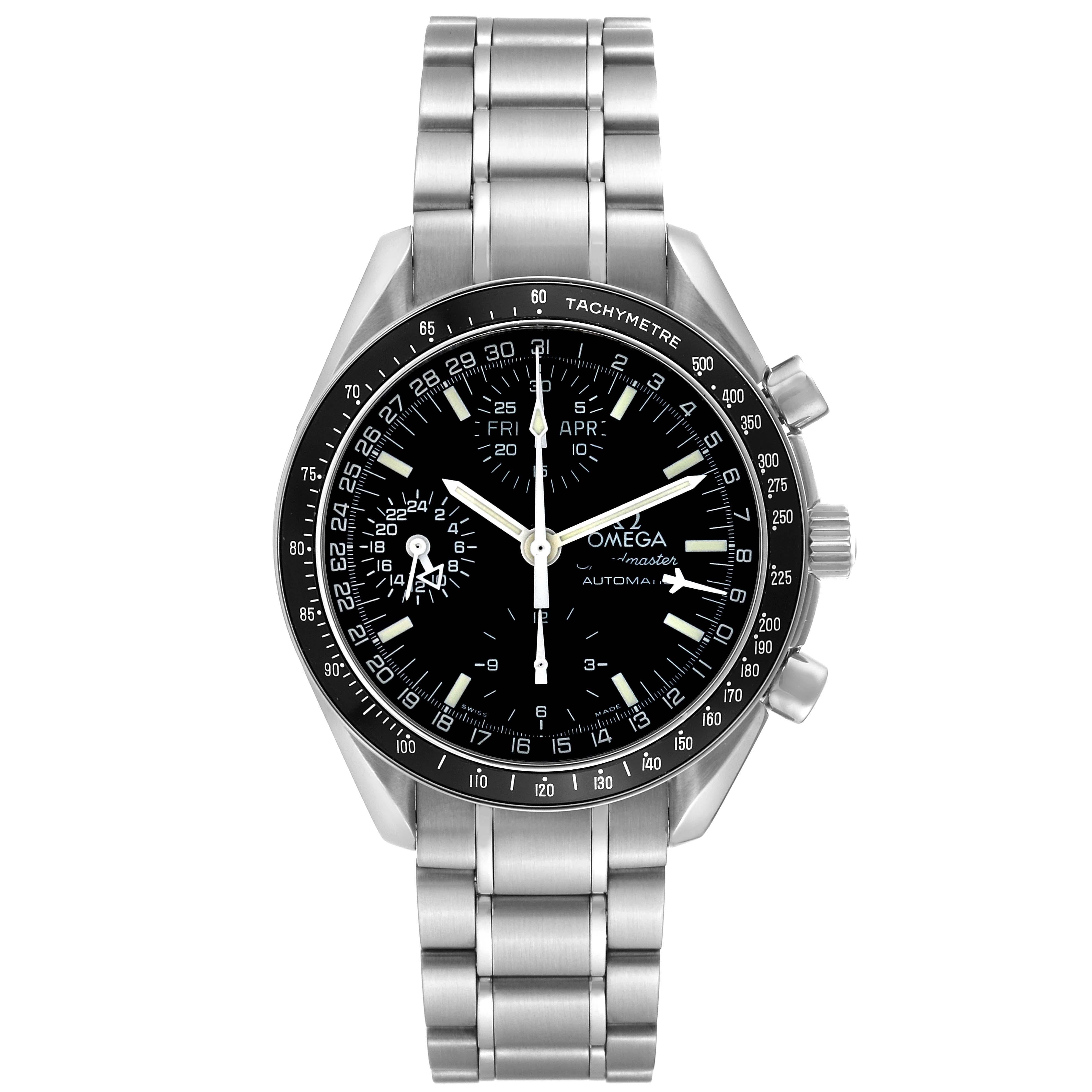 Omega Speedmaster Day Date Black Dial Automatic Mens Watch 3520.50.00 Card. Automatic self-winding movement. Stainless steel round case 39.0 mm in diameter. Stainless steel bezel with black tachymeter insert. Anti-reflective scratch resistant