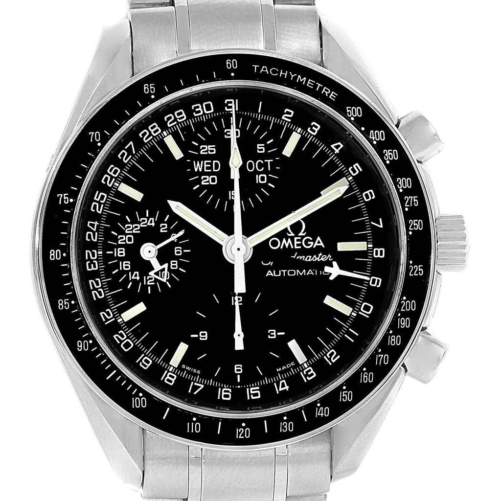 Omega Speedmaster Day Date Black Dial Automatic Mens Watch 3520.50.00. Automatic self-winding chronograph movement. Stainless steel round case 39.0 mm in diameter. Fixed stainless steel bezel with tachimeter function. Anti-reflective scratch