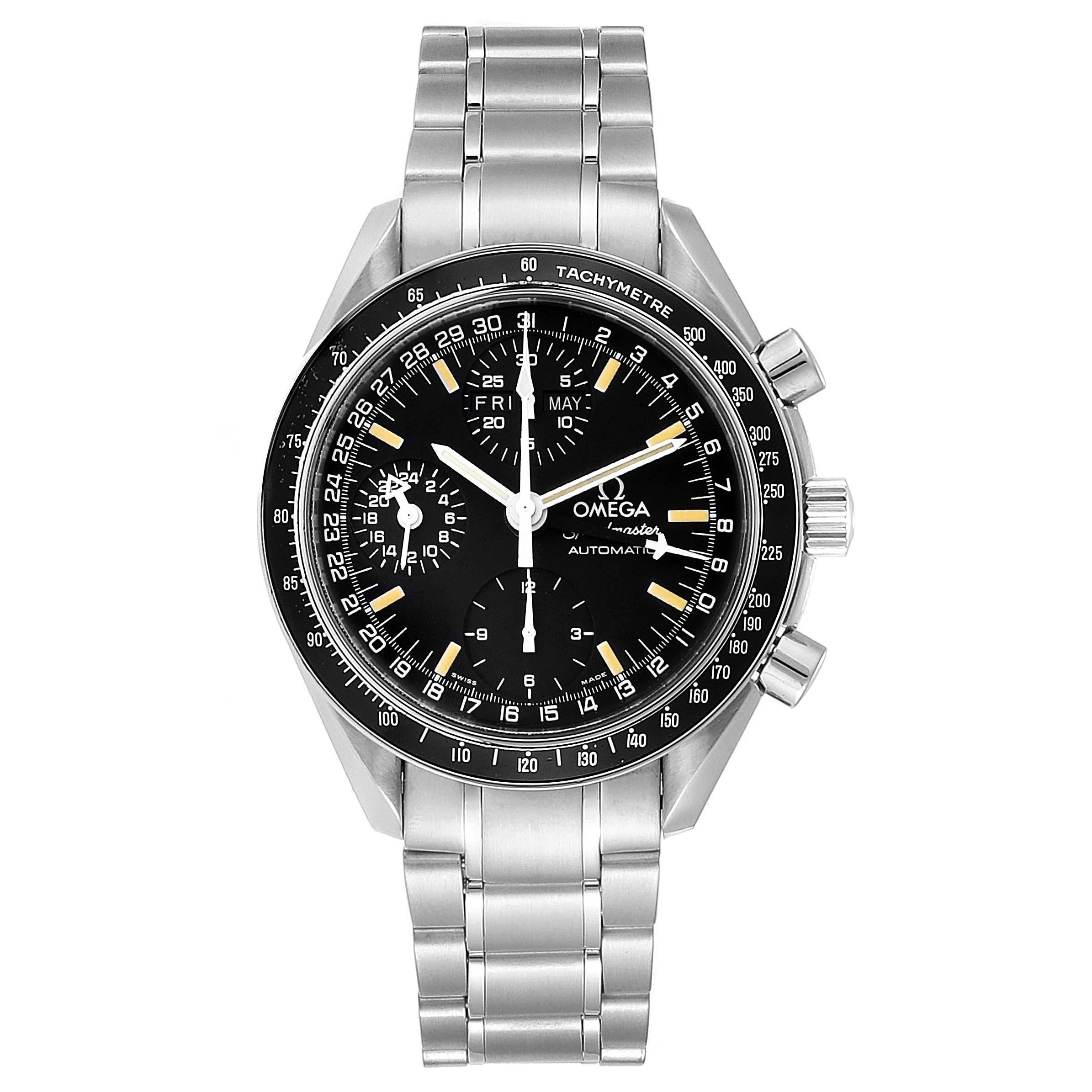 Omega Speedmaster Day Date Black Dial Automatic Mens Watch 3520.50.00. Authomatic self-winding movement. Stainless steel round case 39.0 mm in diameter. Stainless steel bezel with tachimeter function. Anti-reflective scratch resistant sapphire
