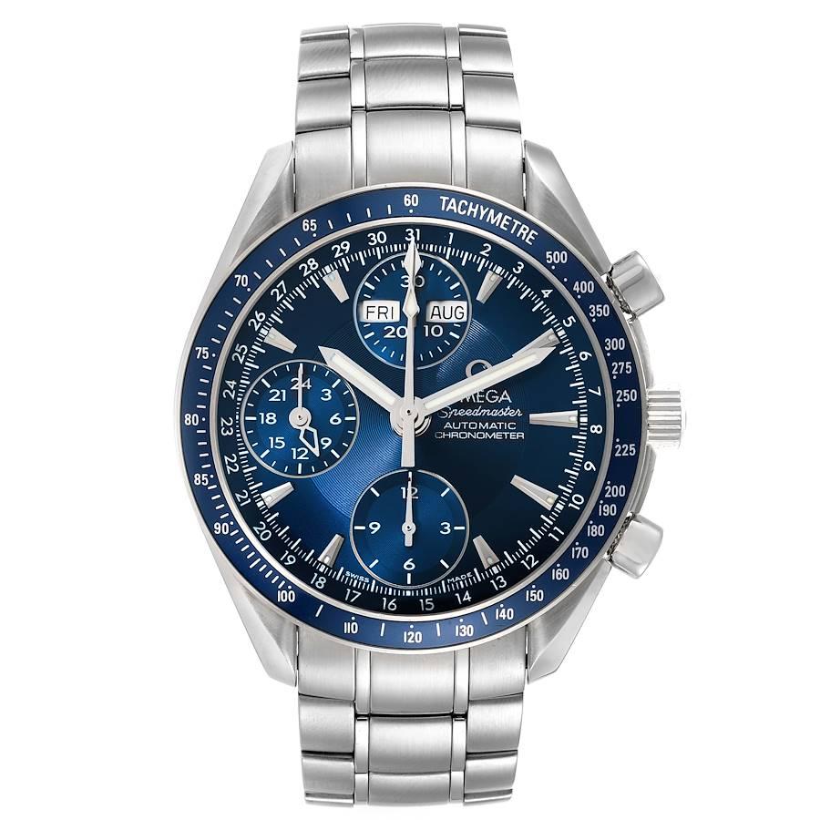 Omega Speedmaster Day Date Blue Dial Chronograph Mens Watch 3222.80.00. Automatic self-winding chronograph movement. Day, date, and month indications. Stainless steel round case 39.0 mm in diameter. Blue bezel with tachymetric scale.