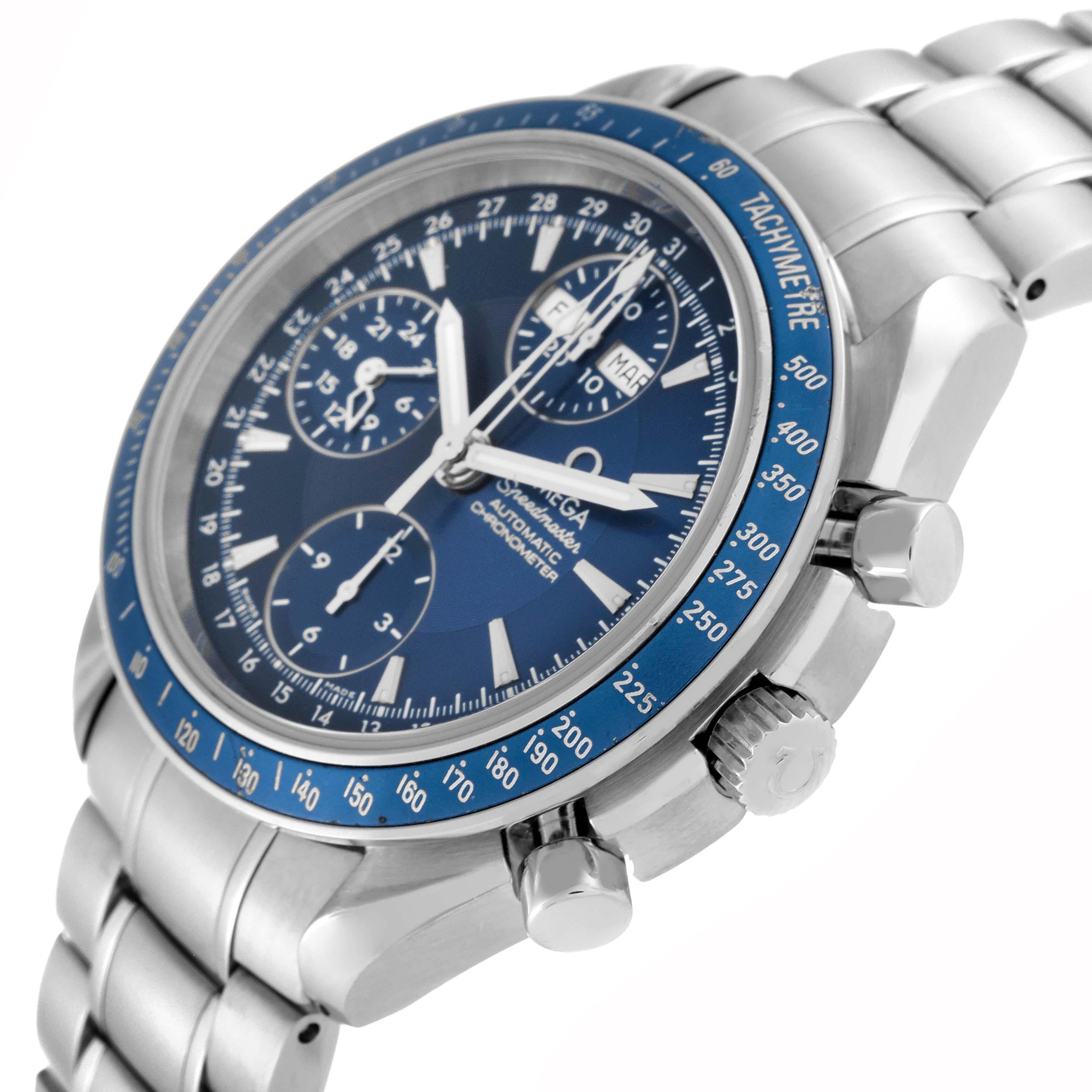 Omega Speedmaster Day Date Blue Dial Chronograph Steel Mens Watch 3222.80.00 Box Card. Automatic self-winding chronograph movement. Stainless steel round case 39.0 mm in diameter. Blue bezel with tachymeter scale. Scratch-resistant sapphire crystal