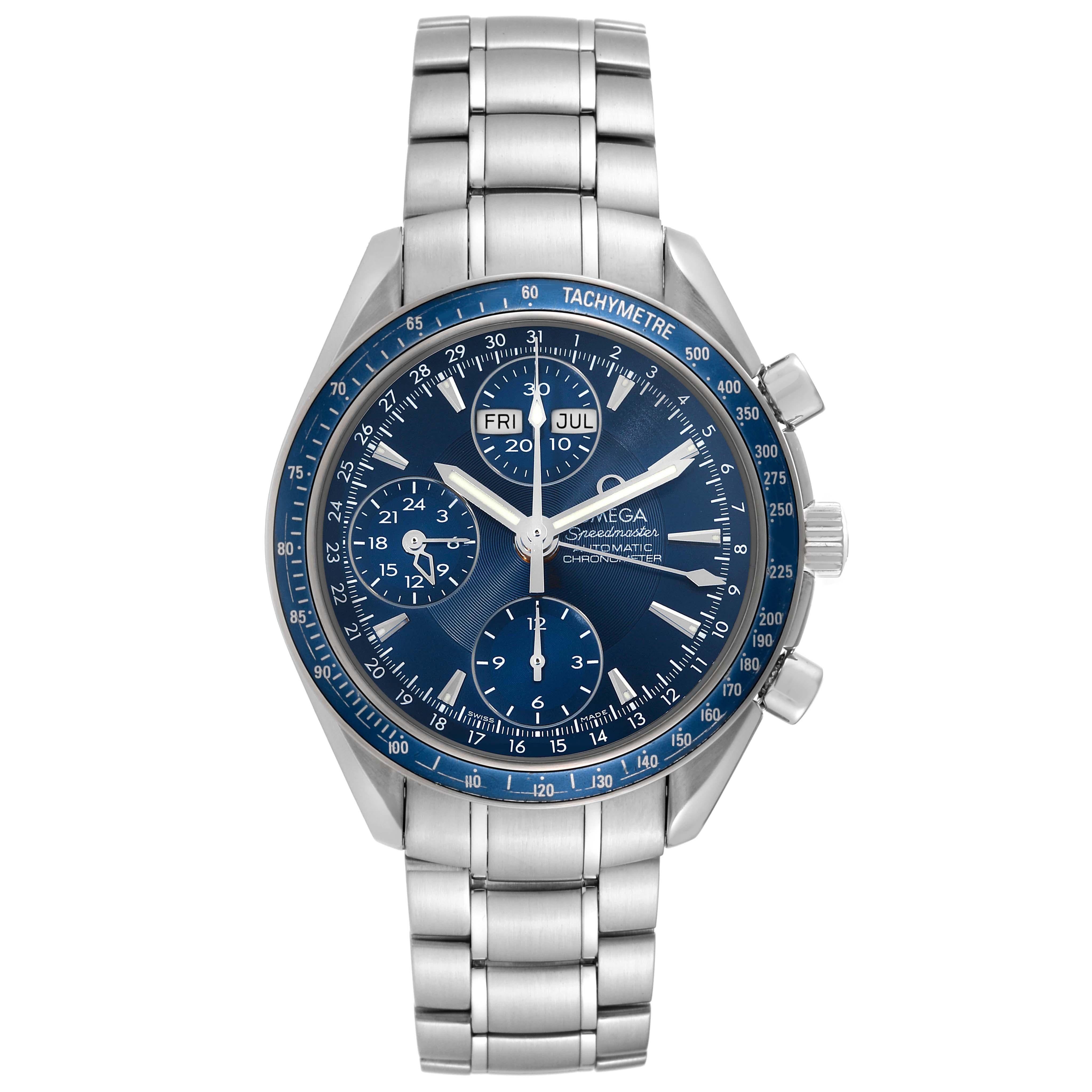 Omega Speedmaster Day Date Blue Dial Chronograph Steel Mens Watch 3222.80.00. Automatic self-winding chronograph movement. Stainless steel round case 39.0 mm in diameter. Blue bezel with tachymeter scale. Scratch-resistant sapphire crystal with
