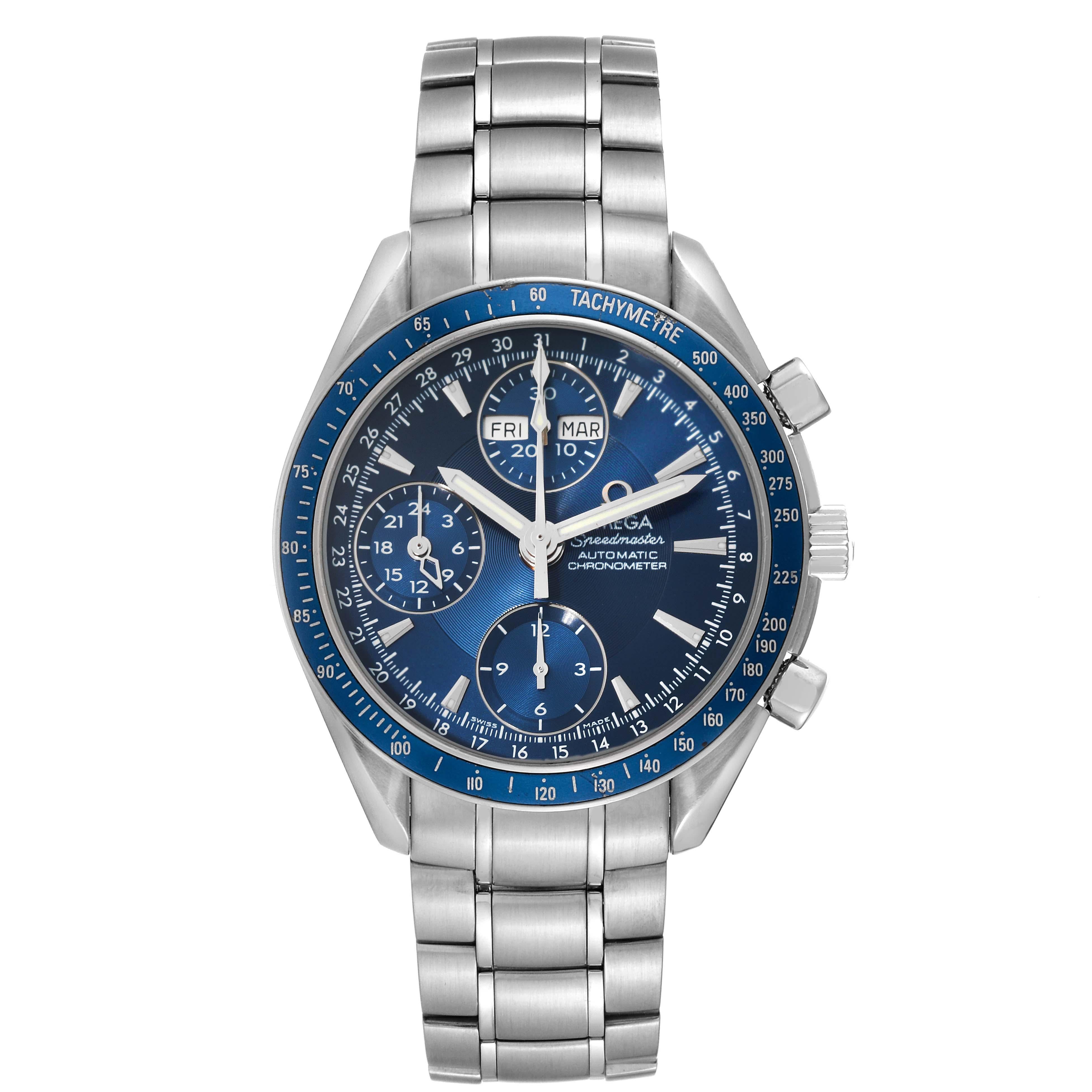 Omega Speedmaster Day Date Blue Dial Chronograph Steel Mens Watch 3222.80.00 In Good Condition In Atlanta, GA