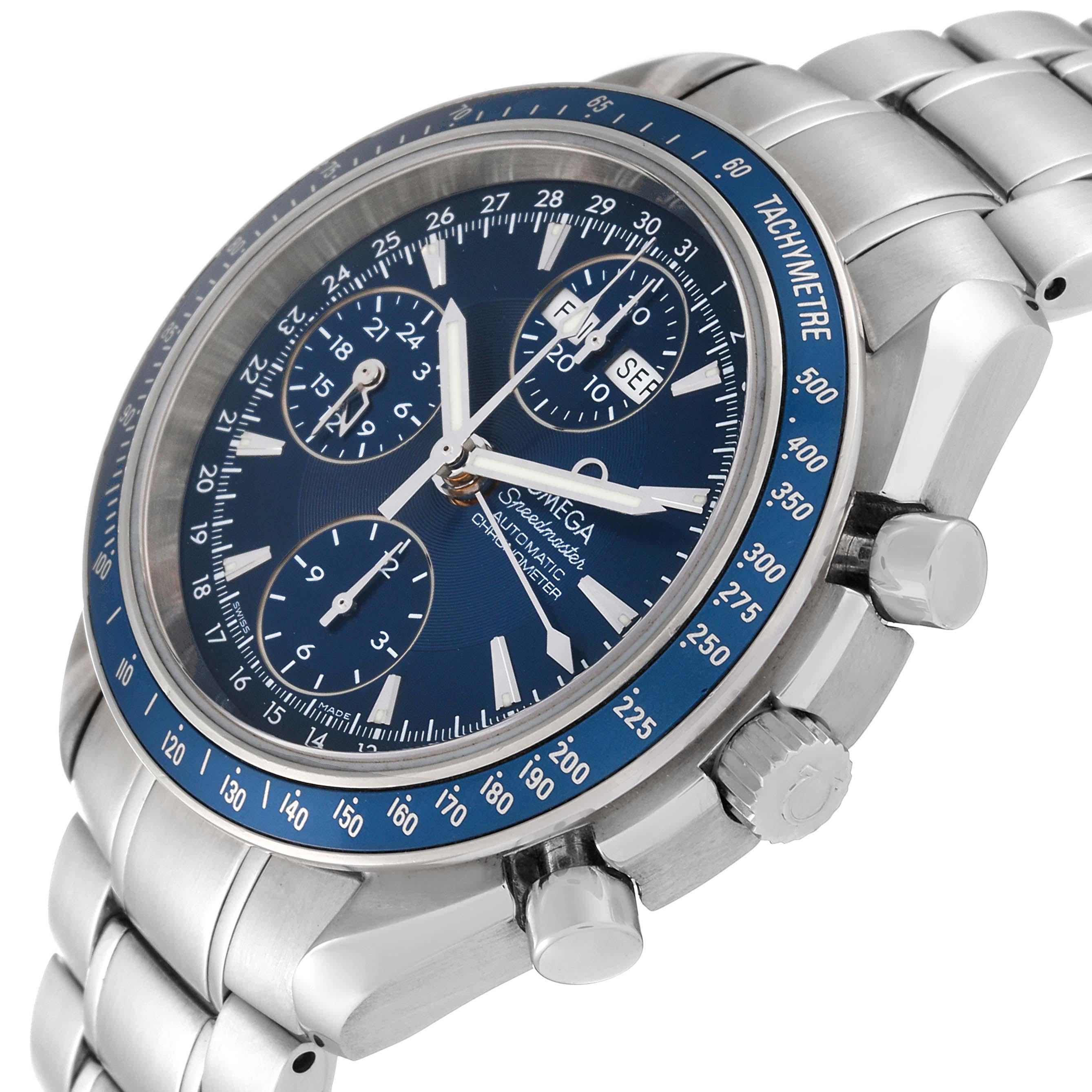 Omega Speedmaster Day Date Blue Dial Chronograph Steel Mens Watch 3222.80.00 Box Card. Automatic self-winding chronograph movement. Day, date, and month indications. Stainless steel round case 39.0 mm in diameter. Blue bezel with tachymeter scale.