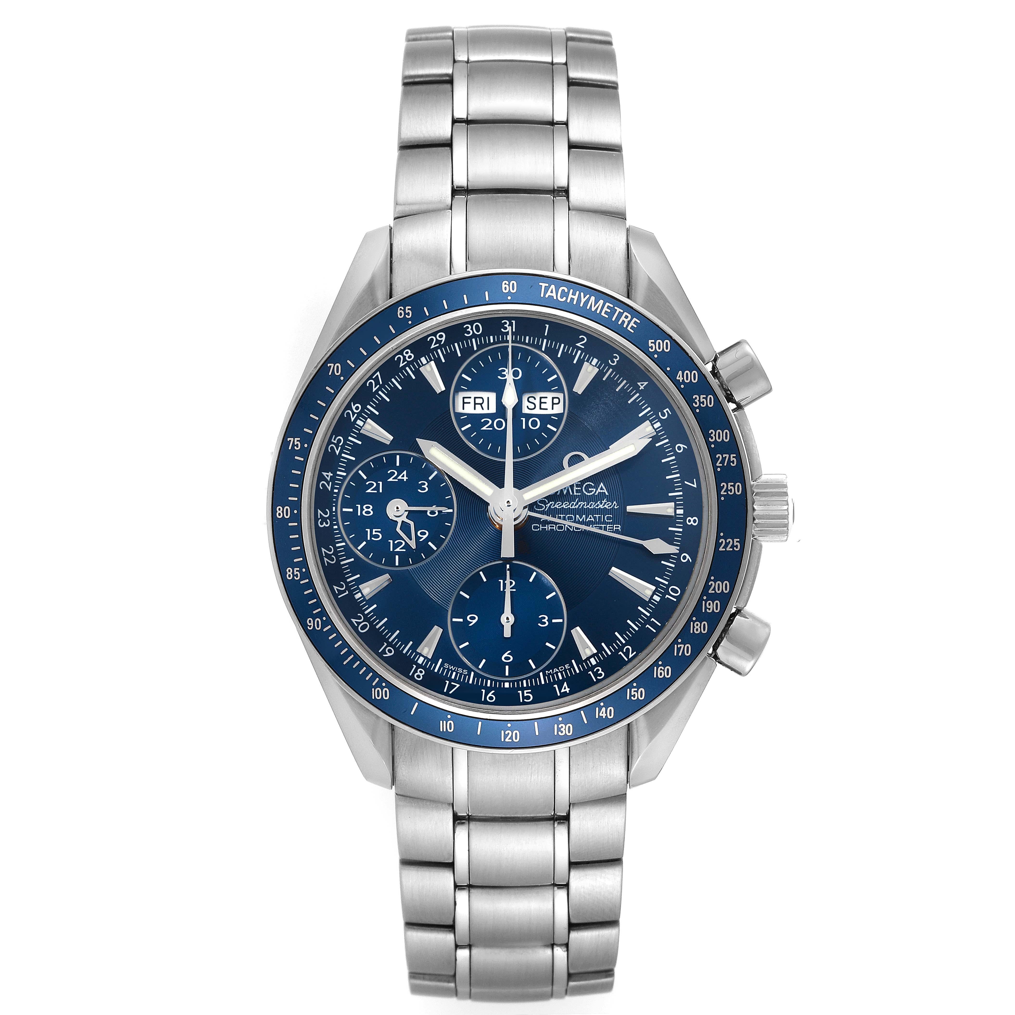 Omega Speedmaster Day Date Blue Dial Chronograph Steel Mens Watch In Excellent Condition In Atlanta, GA