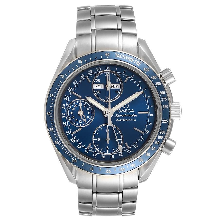 Omega Speedmaster Day Date Blue Dial Chronograph Watch 3222.80.00 Card. Automatic self-winding chronograph movement. Day, date and month indications. Stainless steel round case 39.0 mm in diameter. Blue bezel with tachymetric scale.