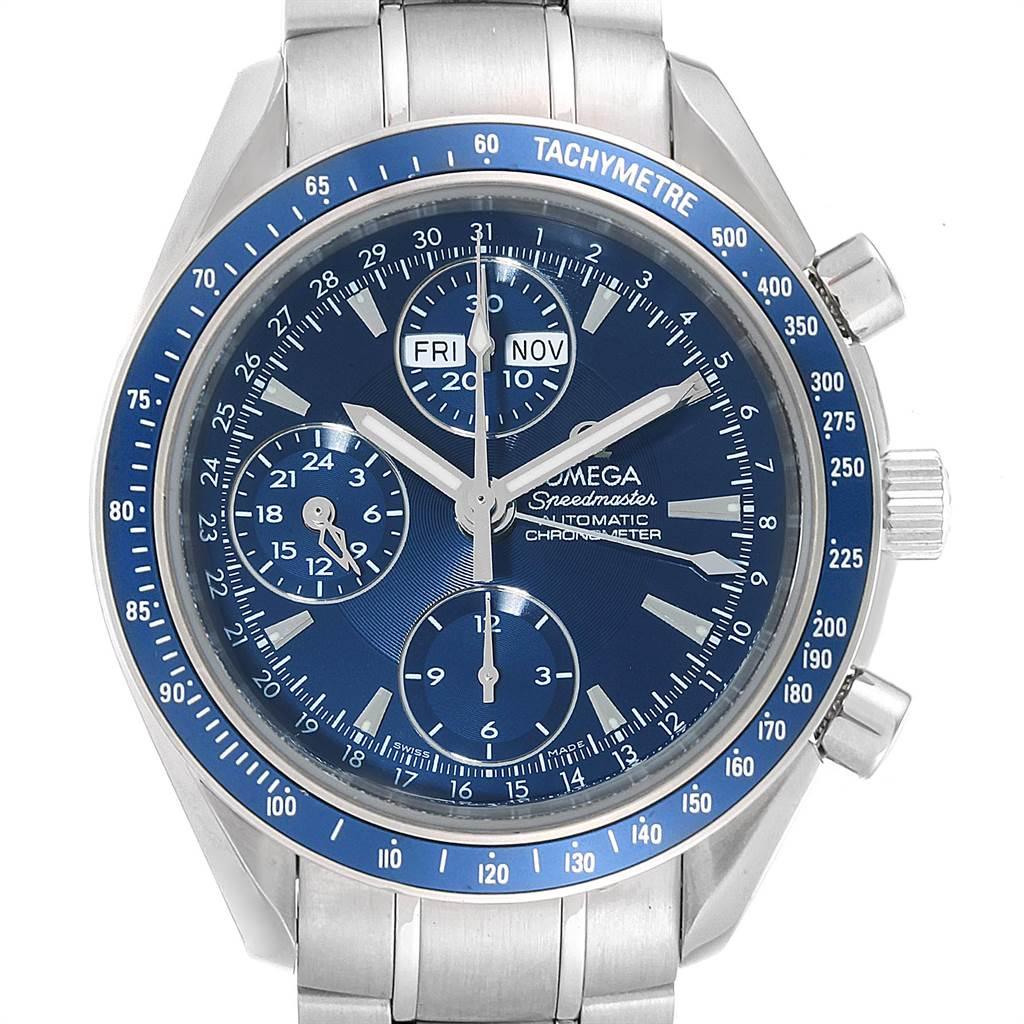 Omega Speedmaster Day Date Blue Dial Chronograph Watch 3222.80.00. Automatic self-winding chronograph movement. Day, date and month indications. Stainless steel round case 39.0 mm in diameter. Blue bezel with tachymetric scale. Scratch-resistant