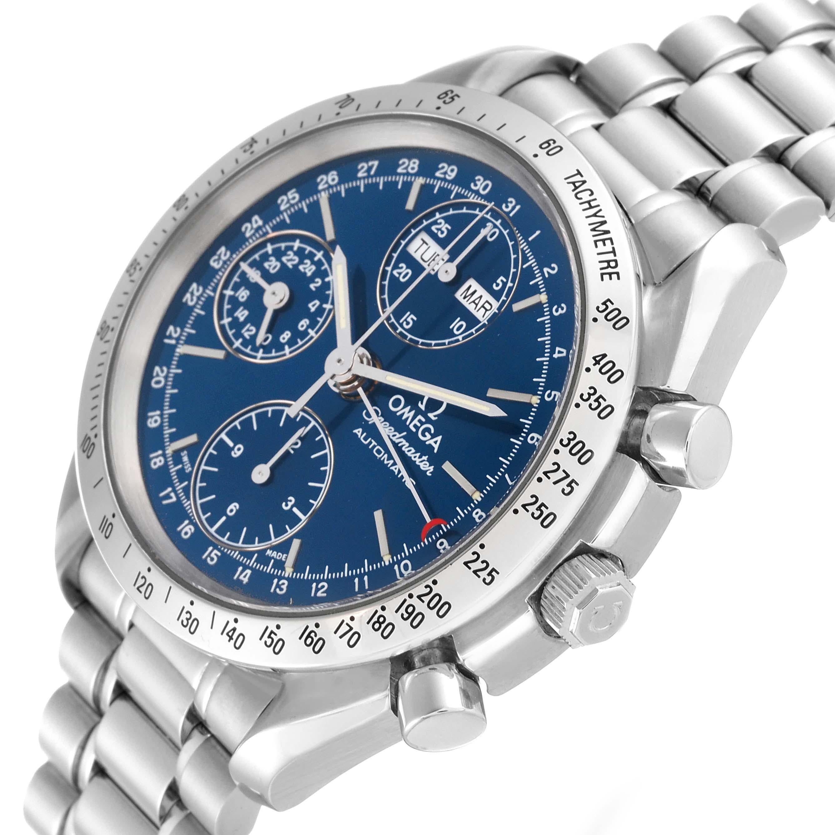 Omega Speedmaster Day Date Blue Dial Steel Mens Watch 3521.80.00. Automatic self-winding chronograph movement. Day, date, and month indications. Stainless steel round case 39.0 mm in diameter. Polished stainless steel bezel with tachymetric scale.