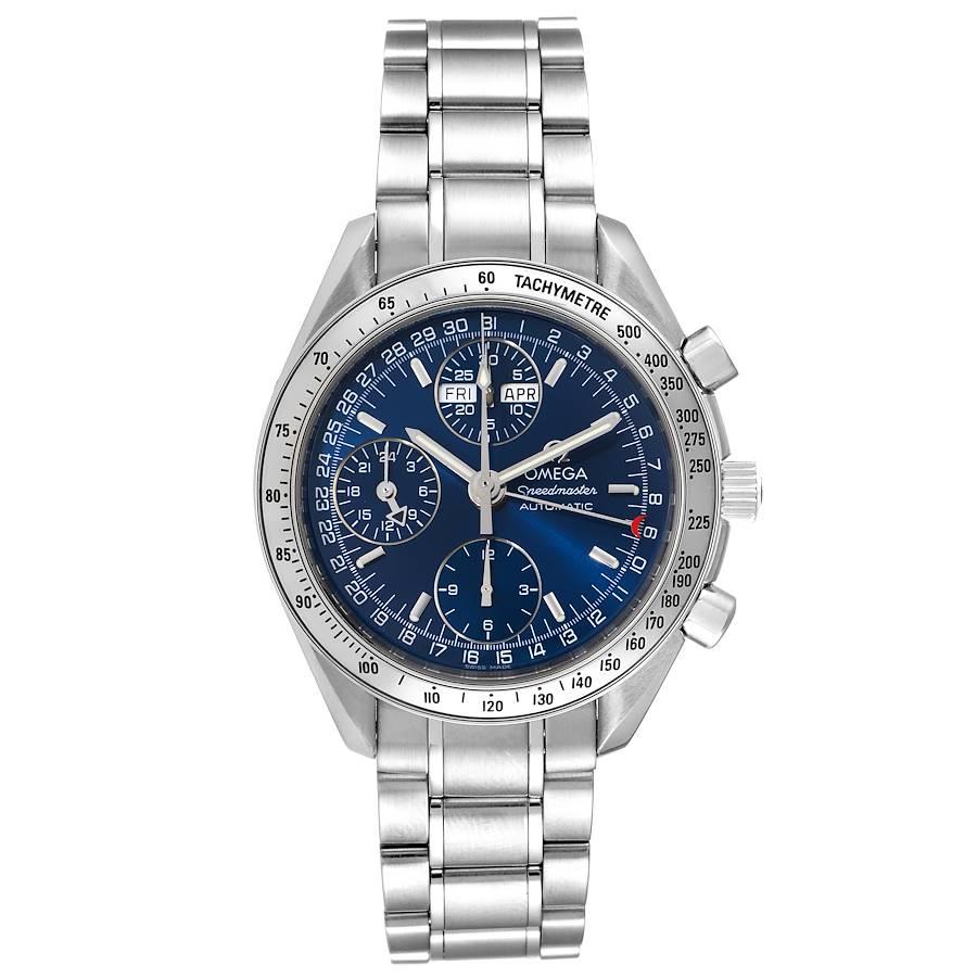 Omega Speedmaster Day-Date Blue Dial Steel Mens Watch 3523.80.00 Card. Automatic self-winding chronograph movement. Day, date and month indications. Stainless steel round case 39.0 mm in diameter. Stainless steel bezel with tachymetric scale.