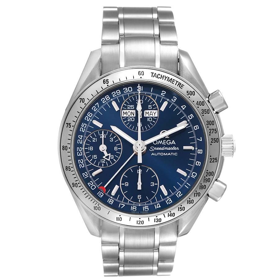 Omega Speedmaster Day-Date Blue Dial Steel Mens Watch 3523.80.00. Automatic self-winding chronograph movement. Day, date and month indications. Stainless steel round case 39.0 mm in diameter. Stainless steel bezel with tachymetric scale.