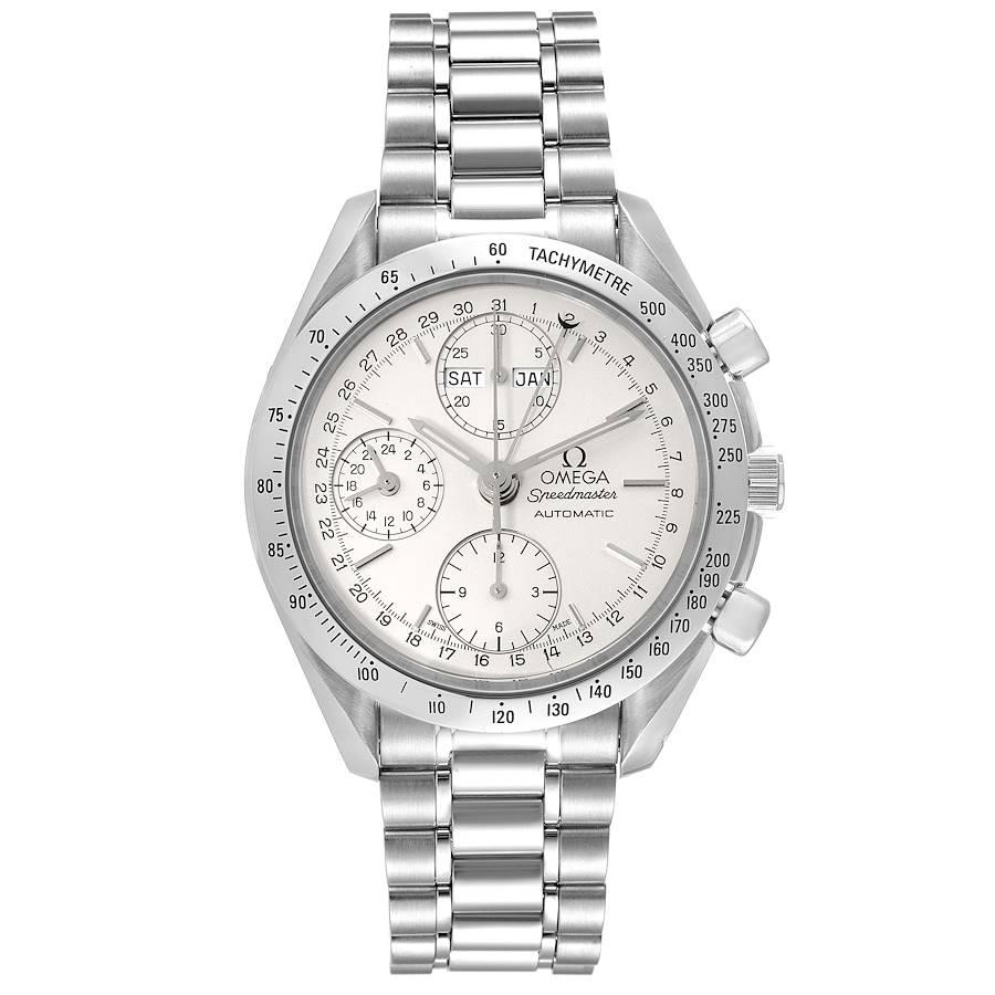 Omega Speedmaster Day Date Chronograph Mens Watch 3521.30.00. Automatic self-winding chronograph movement. Day, date and month indications. Stainless steel round case 38.0 mm in diameter. Stainless steel bezel with tachymeter scale.