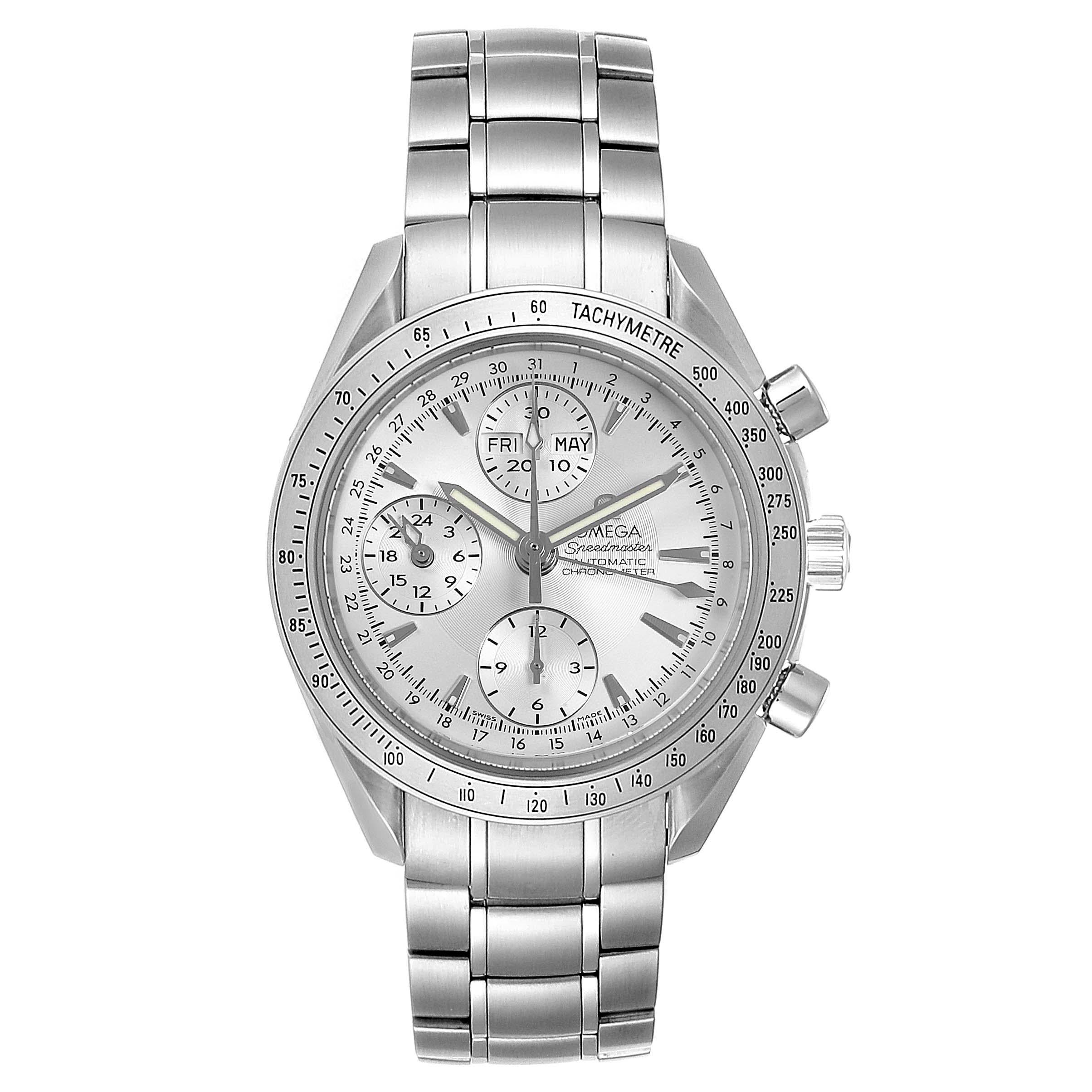 Omega Speedmaster Day Date Chronograph Silver Dial Mens Watch 3523.30.00. Automatic self-winding chronograph movement. Day, date and month indications. Stainless steel round case 39.0 mm in diameter. Stainless steel bezel with tachymetric scale.