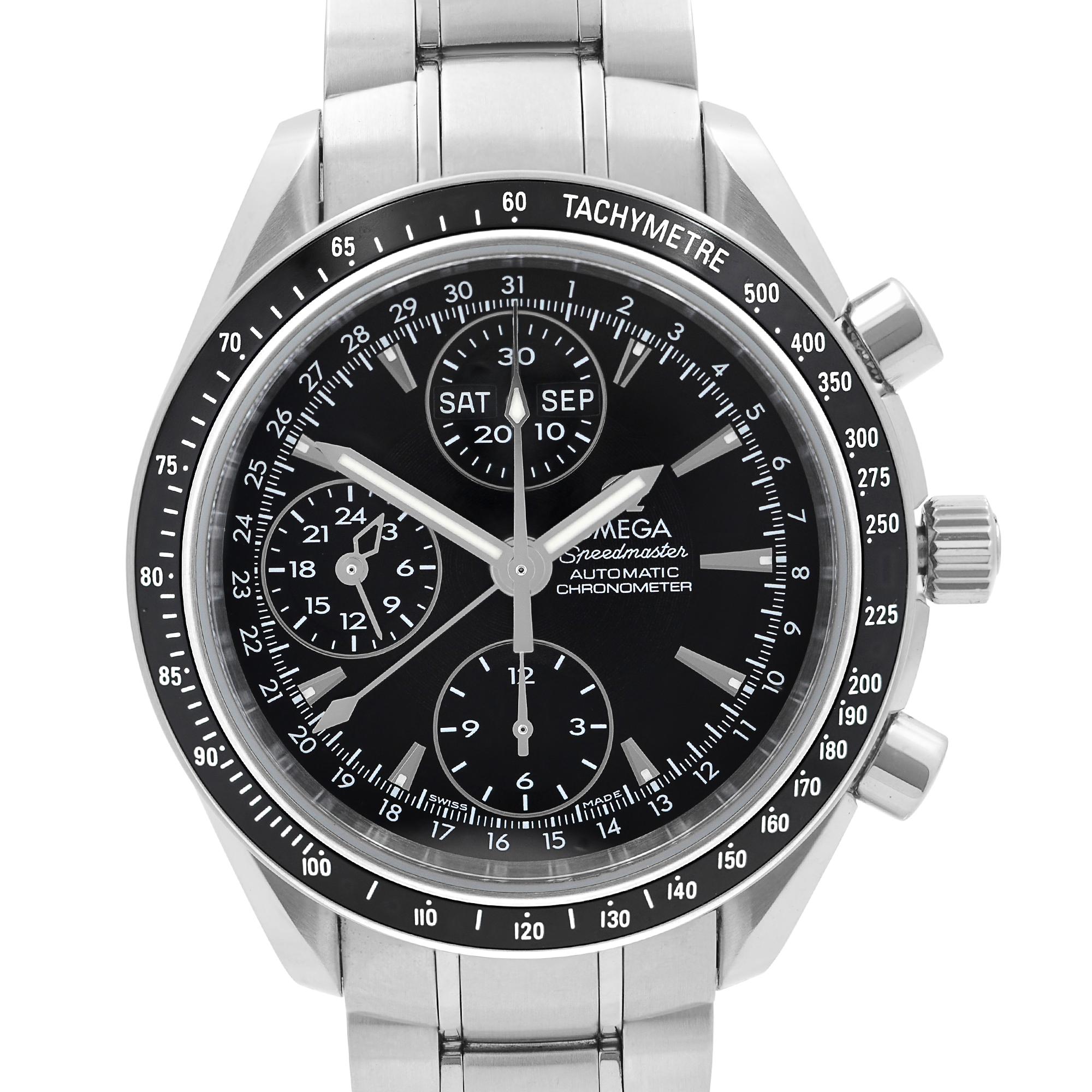 Features: Stainless Steel Case & Bracelet, Fixed  Stainless Steel Bezel with Black Tachymeter Insert, Black Dial With Luminous Silver-Tone Hands, and Index Hour Markers. Date Displays on the Outer Rim of the Dial. Seconds Sub-dial, Chronograph - 3