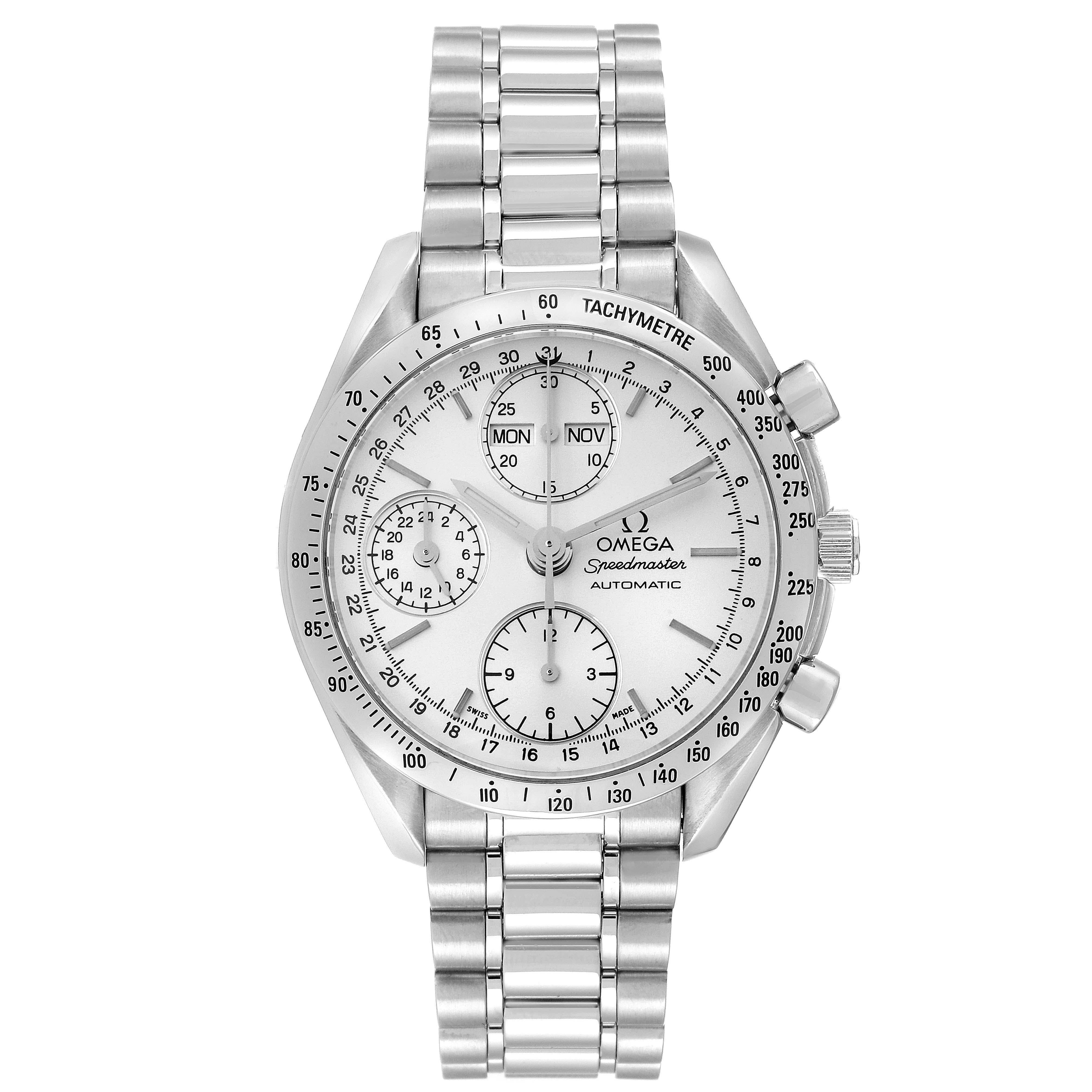 Omega Speedmaster Day Date Chronograph Steel Mens Watch 3521.30.00 Card. Automatic self-winding chronograph movement. Day, date, and month indications. Stainless steel round case 38.0 mm in diameter. Stainless steel bezel with tachymeter scale.