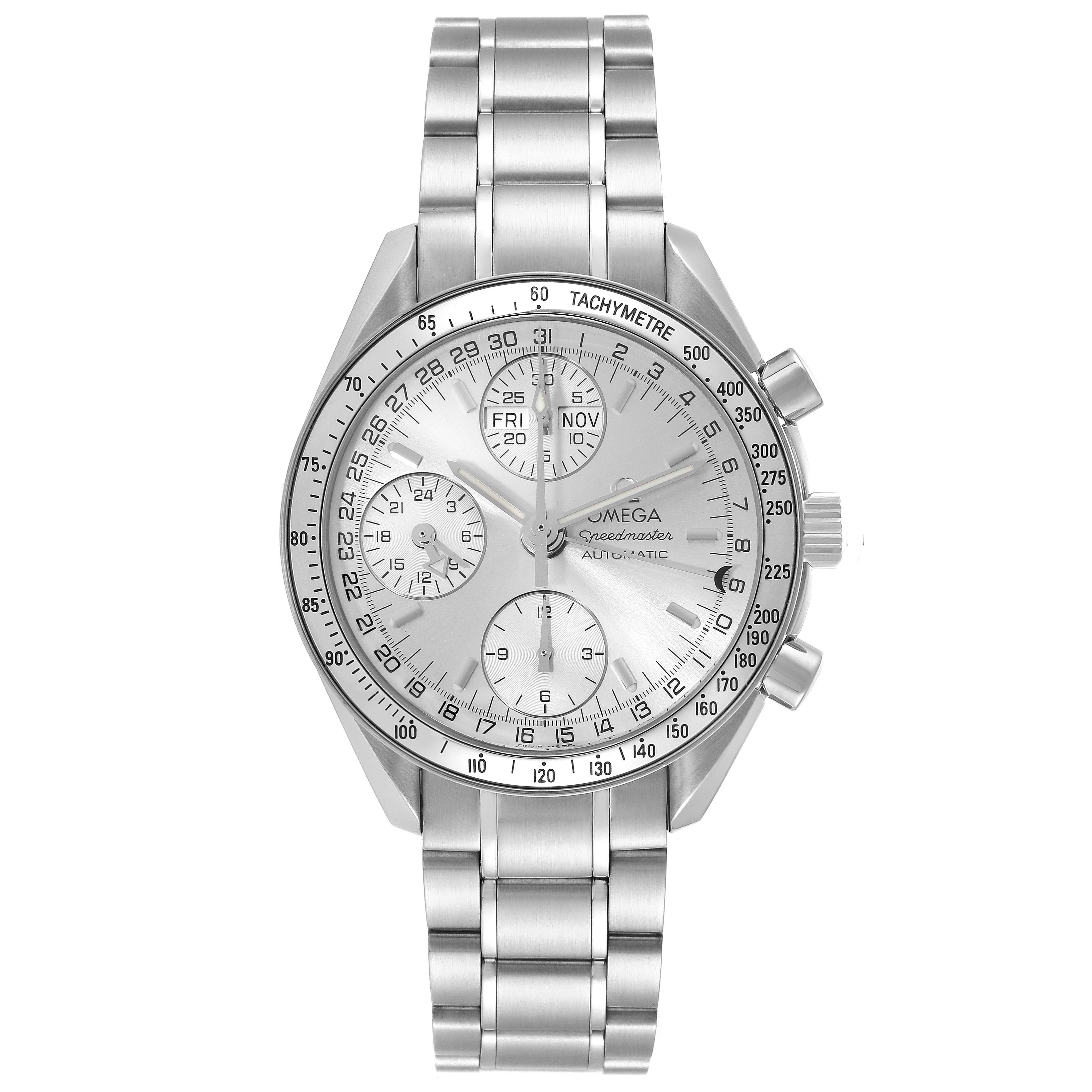 Omega Speedmaster Day Date Chronograph Steel Mens Watch 3523.30.00 Card. Automatic self-winding chronograph movement. Stainless steel round case 39.0 mm in diameter. Stainless steel bezel with tachymeter scale. Scratch-resistant sapphire crystal