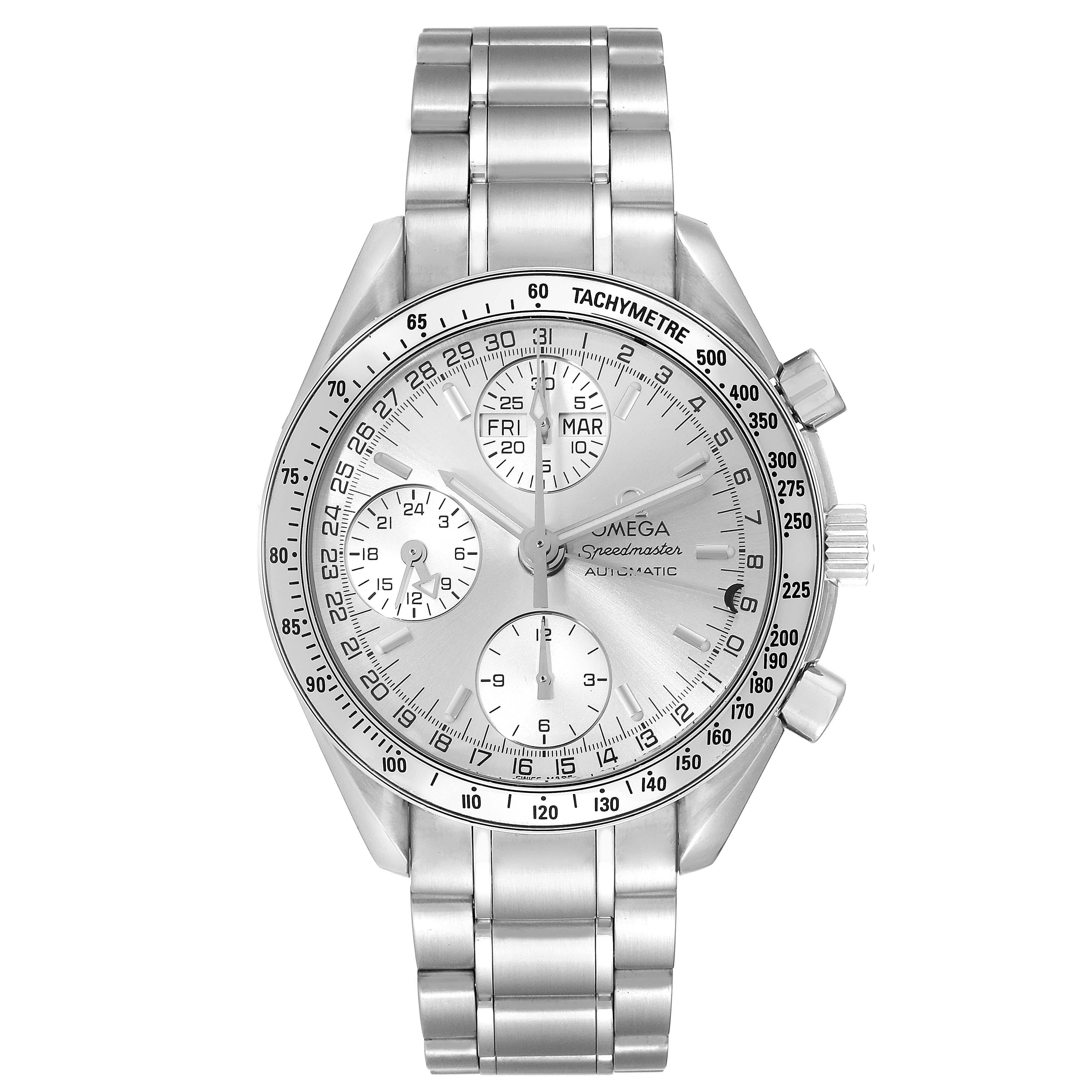 Omega Speedmaster Day Date Chronograph Steel Mens Watch 3523.30.00. Automatic self-winding chronograph movement. Day and month indications. Stainless steel round case 39.0 mm in diameter. Stainless steel bezel with tachymeter scale.