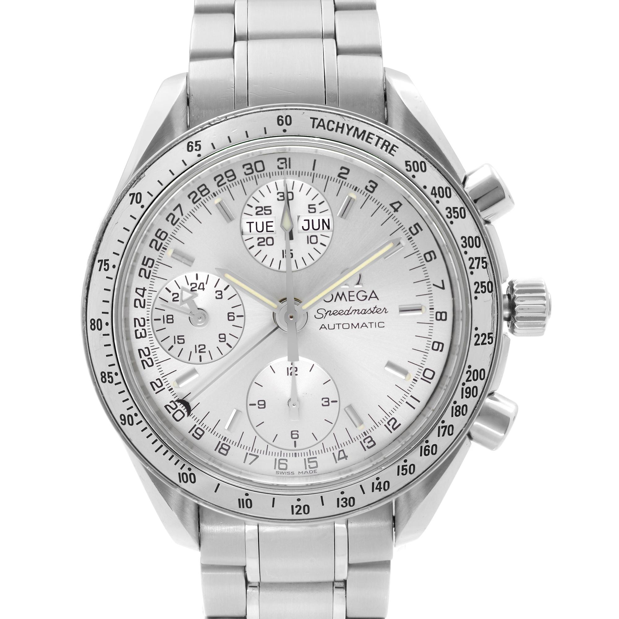 Pre-owned Omega Speedmaster Day-Date Chronograph Steel Silver Dial Men's Watch 3523.30.00. This Beautiful Timepiece Features: Stainless Steel Case & Bracelet, Fixed Stainless Steel Bezel with Engraved Tachymeter, Silver Dial with Luminous