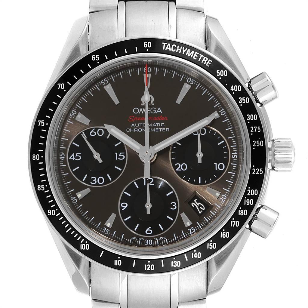 Omega Speedmaster Day Date Gray Dial Watch 323.30.40.40.06.001 Card. Automatic self-winding chronograph movement. Stainless steel round case 40.0 mm in diameter. Fixed black ion-plated bezel with tachymetre function. Scratch-resistant sapphire