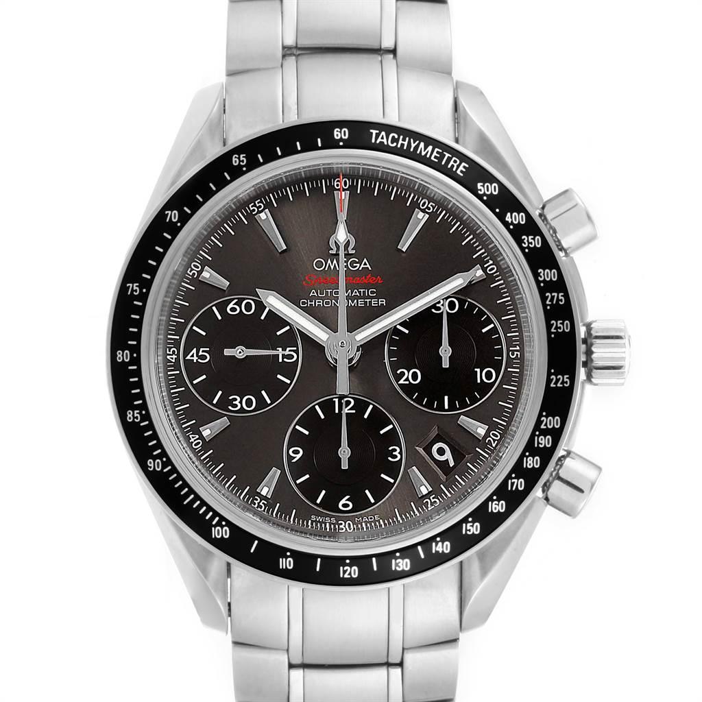 Omega Speedmaster Day Date Grey Dial Watch 323.30.40.40.06.001. Automatic self-winding chronograph movement. Stainless steel round case 40.0 mm in diameter. Fixed black ion-plated bezel with tachymetre function. Scratch-resistant sapphire crystal