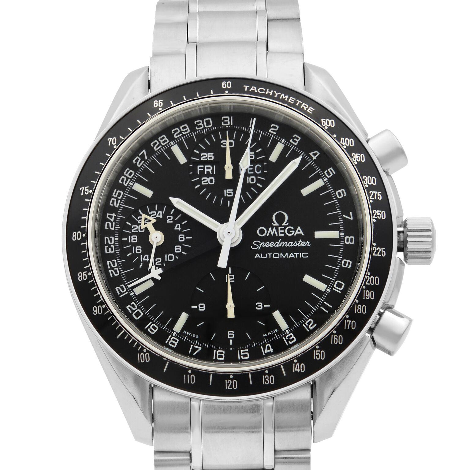 This pre-owned Omega Speedmaster  3220.50.00 is a beautiful men's timepiece that is powered by mechanical (automatic) movement which is cased in a stainless steel case. It has a round shape face, chronograph, date indicator, small seconds subdial