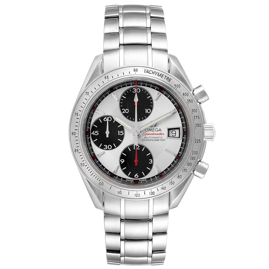Omega Speedmaster Day-Date Panda Dial Mens Watch 3211.31.00 Box Card. Automatic self-winding chronograph movement. Stainless steel round case 40.0 mm in diameter. Stainless steel bezel with tachymetric scale. Scratch-resistant sapphire crystal with