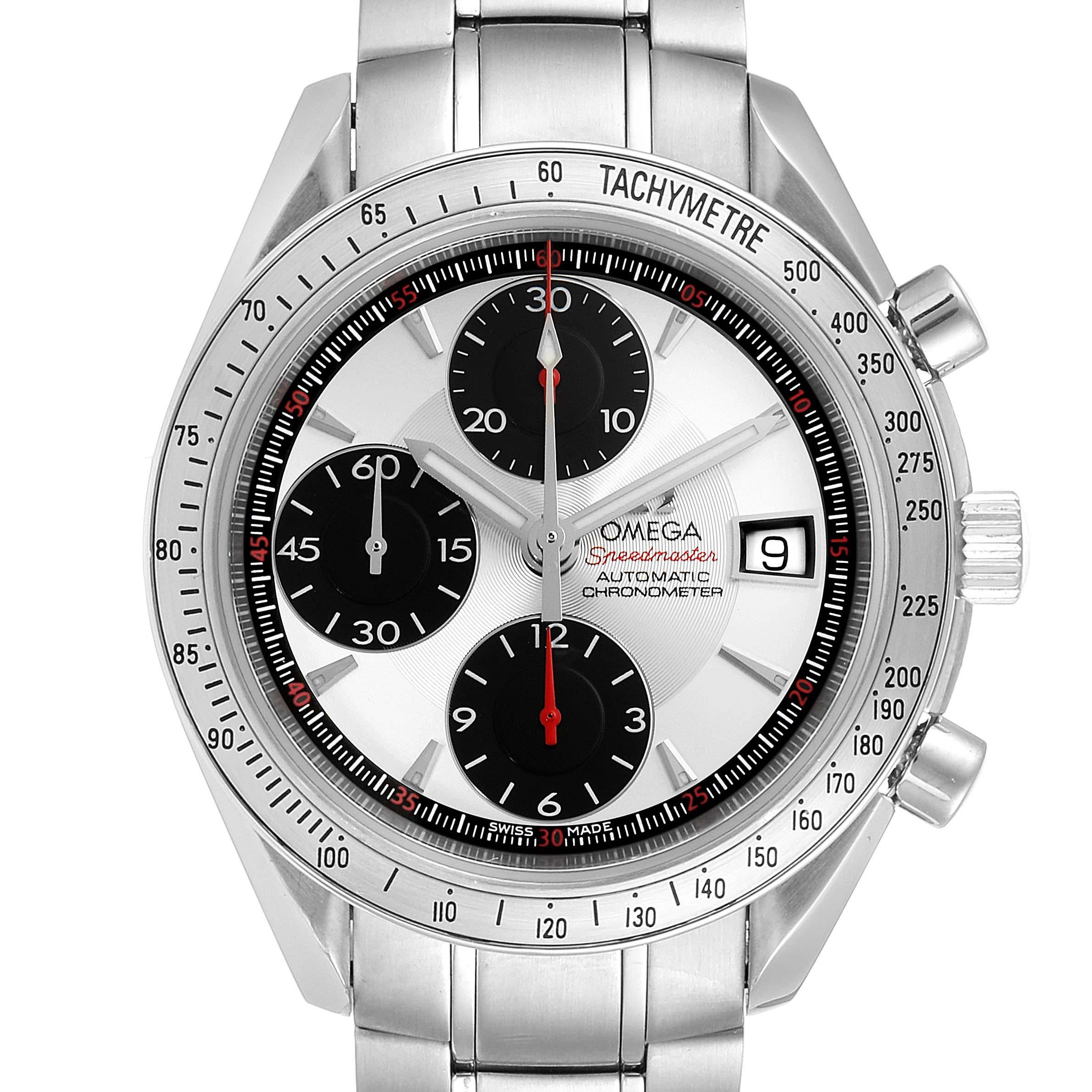 Omega Speedmaster Day-Date Panda Dial Mens Watch 3211.31.00. Automatic self-winding chronograph movement. Stainless steel round case 40.0 mm in diameter. Stainless steel bezel with tachymetric scale. Scratch-resistant sapphire crystal with